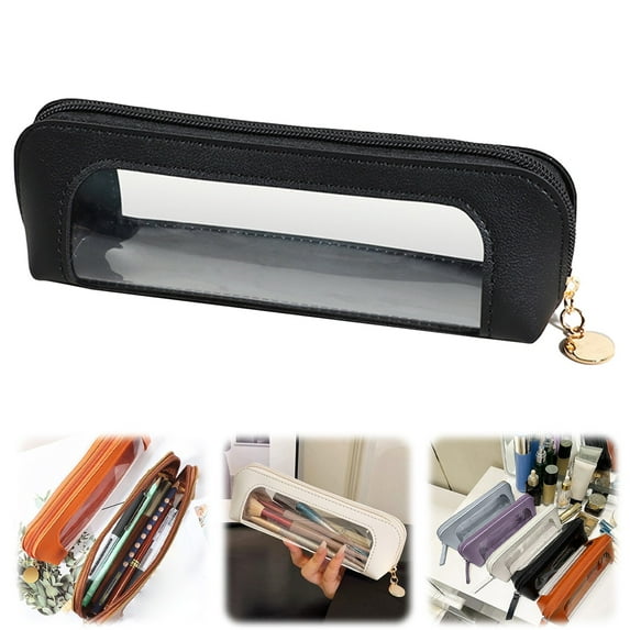 Clear Makeup Bag, PU Leather Mini Makeup Pouch Portable Makeup Brush Case Transparent Waterproof Cosmetic Organizer Pouch with Zipper for Women Home Travel Office Makeup Storage (Black)
