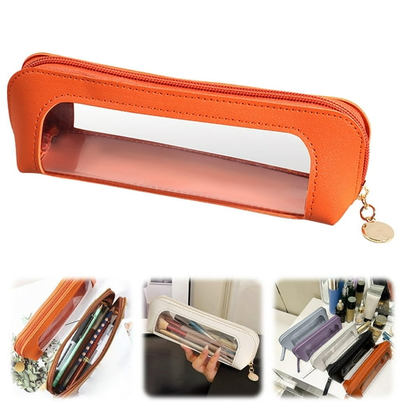 Clear Makeup Bag, PU Leather Mini Makeup Pouch Portable Makeup Brush Case Transparent Waterproof Cosmetic Organizer Pouch with Zipper for Women Home Travel Office Makeup Storage (Orange)