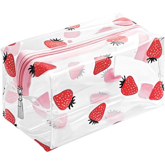 Clear Makeup Bag, Small Toiletry Bag for Travel, Cosmetic Organizer Bags with Zipper, Plastic PVC Pouch Transparent Zip Purse Reusable TSA Approved Quart Size (Strawberry)