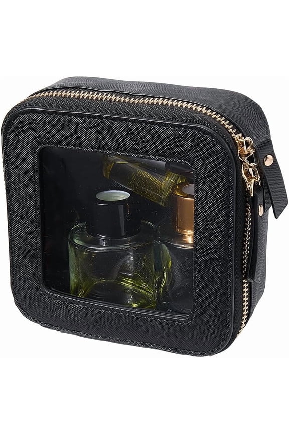 Clear Makeup Bag Small Travel Toiletry Box Black PU Leather Waterproof Cosmetic Bag for Purse Portable Make Up Case Organizer Traveling Skincare Pouch with Golden Double Zipper 1pc