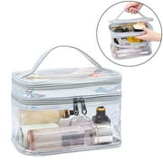 Clear Makeup Bag, WQFSTORE Double Layer Plastic Cosmetic Bag with Zipper, Waterproof Toiletry Travel Bag Organizer, Silver