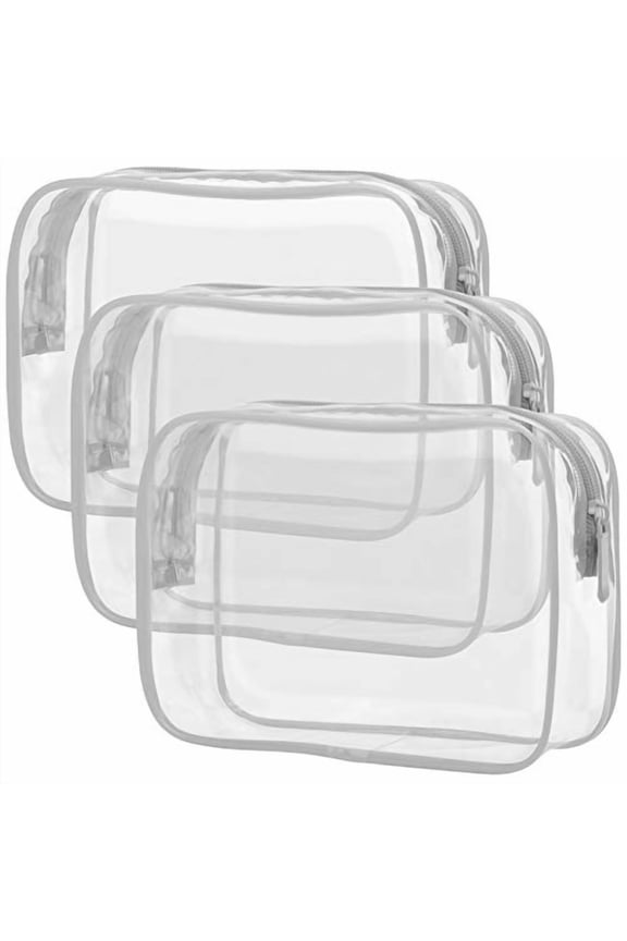 Clear Makeup Bag,Waterproof TSA Approved Toiletry Bag Quart Size Bag,Clear Makeup Bags with Zipper Travel Cosmetic Bag,Carry on Airport Airline Compliant Bag,3 Pack,Grey