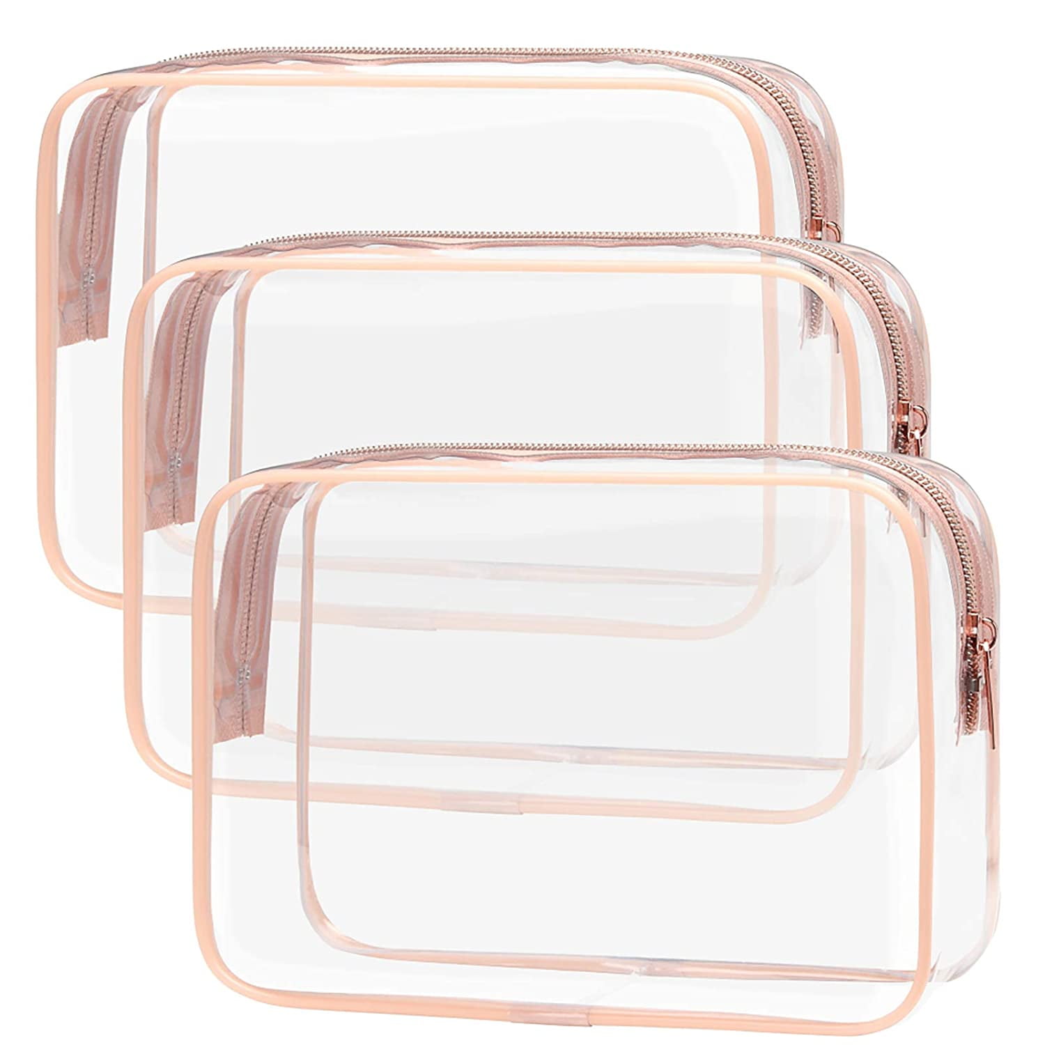 Clear Makeup Bag with Zipper, 3 Pack Beauty Clear Cosmetic BagToiletry Bag, Travel Clear Toiletry Bag, Quart Size Bag Carry on Airport Airline Compliant Bag, Rose Pink(for age 12 or above)