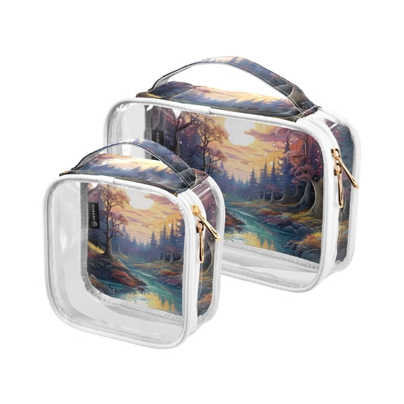 Clear Makeup Bags 2 Pack Travel Case Toiletry Bag Portable Cosmetic Organizer Men and Women Transparent Storage Bag Pouch for Airline Bathroom Magic Landscape Sunset