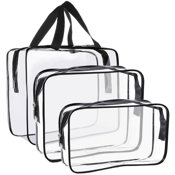 Clear Makeup Bags, 3 Pcs Cosmetic Makeup Bags Set Clear PVC with Zipper Handle Portable Travel Luggage Pouch Airport Vacation Organization (Clear)