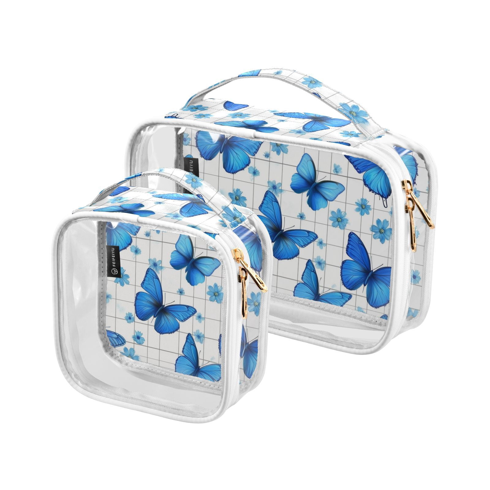 Clear Makeup Bags with Handle Large Opening 2 Pack Set Toiletry Bag Quart Size Bag, for Women Man Traveling Travel Essentials, Toiletries and Other. Blue Butterfly Flower