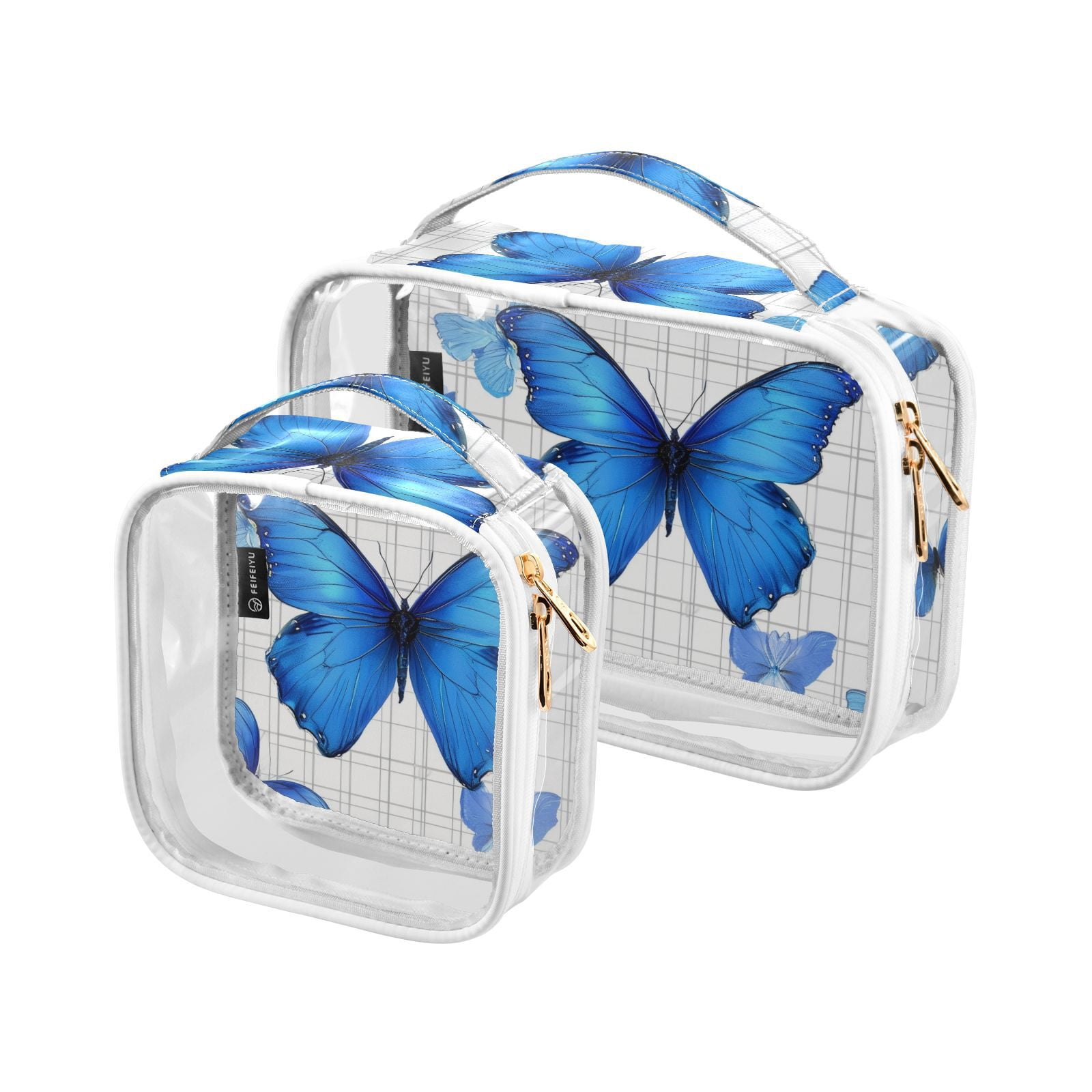 Clear Makeup Bags with Handle Large Opening 2 Pack Set Toiletry Bag Quart Size Bag, for Women Man Traveling Travel Essentials, Toiletries and Other. Blue Butterfly