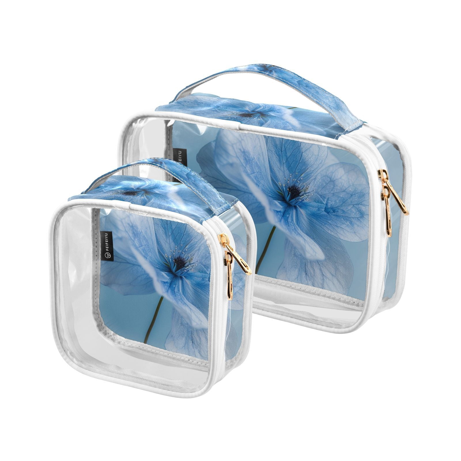 Clear Makeup Bags with Handle Large Opening 2 Pack Set Toiletry Bag Quart Size Bag, for Women Man Traveling Travel Essentials, Toiletries and Other. Blue Floral
