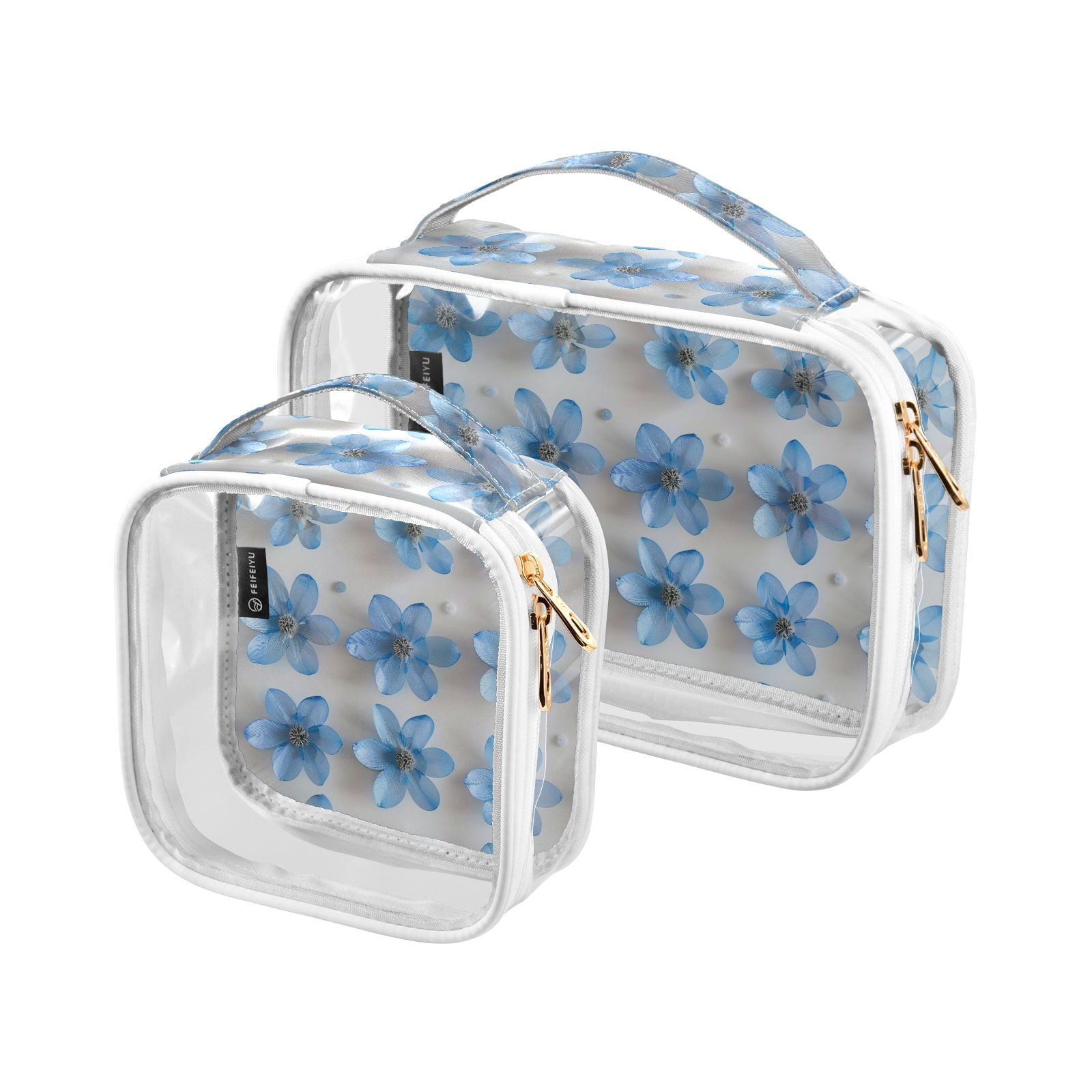 Clear Makeup Bags with Handle Large Opening 2 Pack Set Toiletry Bag Quart Size Bag, for Women Man Traveling Travel Essentials, Toiletries and Other. Blue Flowers