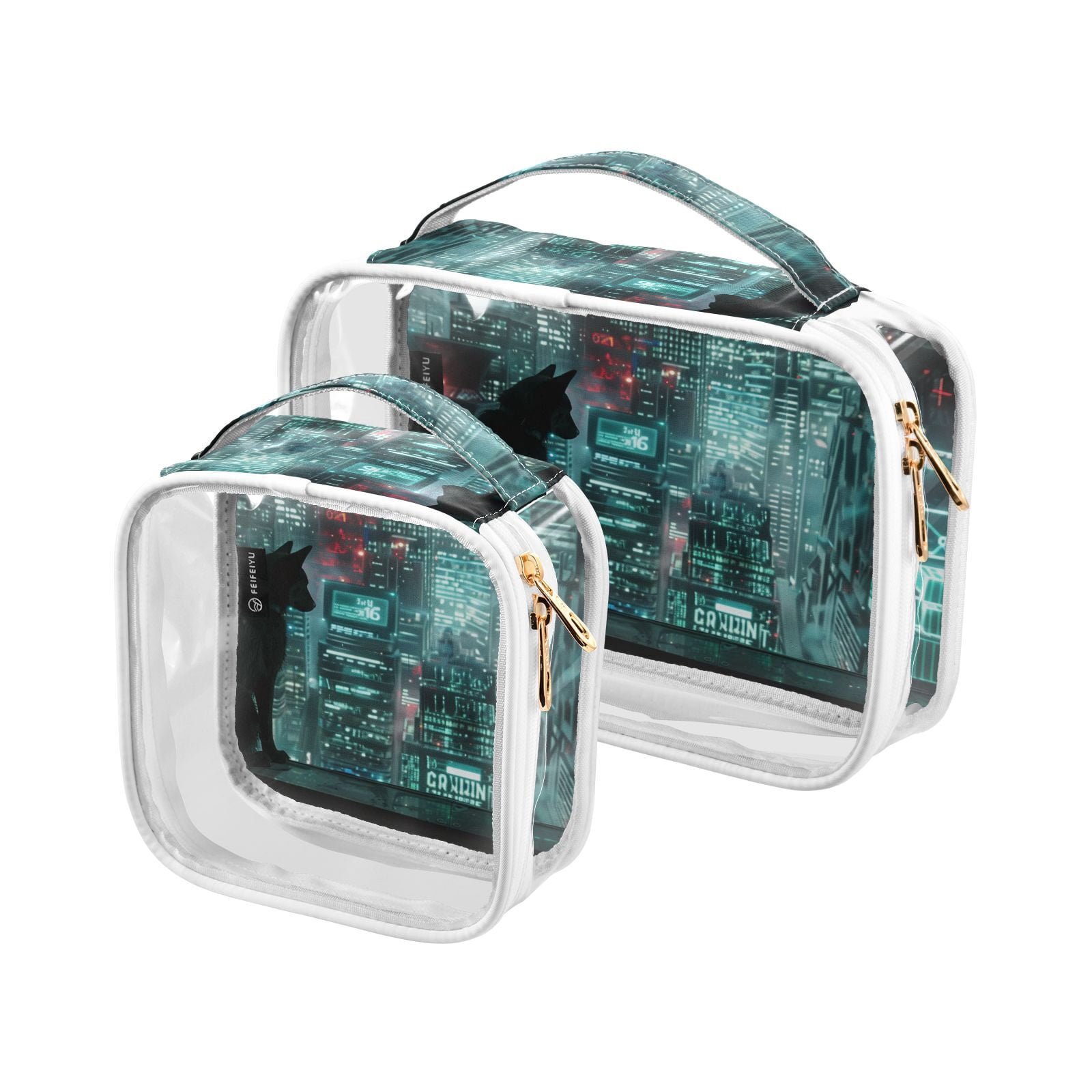 Clear Makeup Bags with Handle Large Opening 2 Pack Set Toiletry Bag Quart Size Bag, for Women Man Traveling Travel Essentials, Toiletries and Other. Cat Graphic