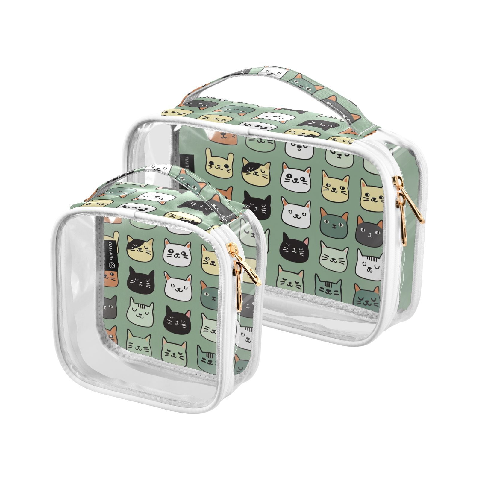 Clear Makeup Bags with Handle Large Opening 2 Pack Set Toiletry Bag Quart Size Bag, for Women Man Traveling Travel Essentials, Toiletries and Other. Cats Doodle