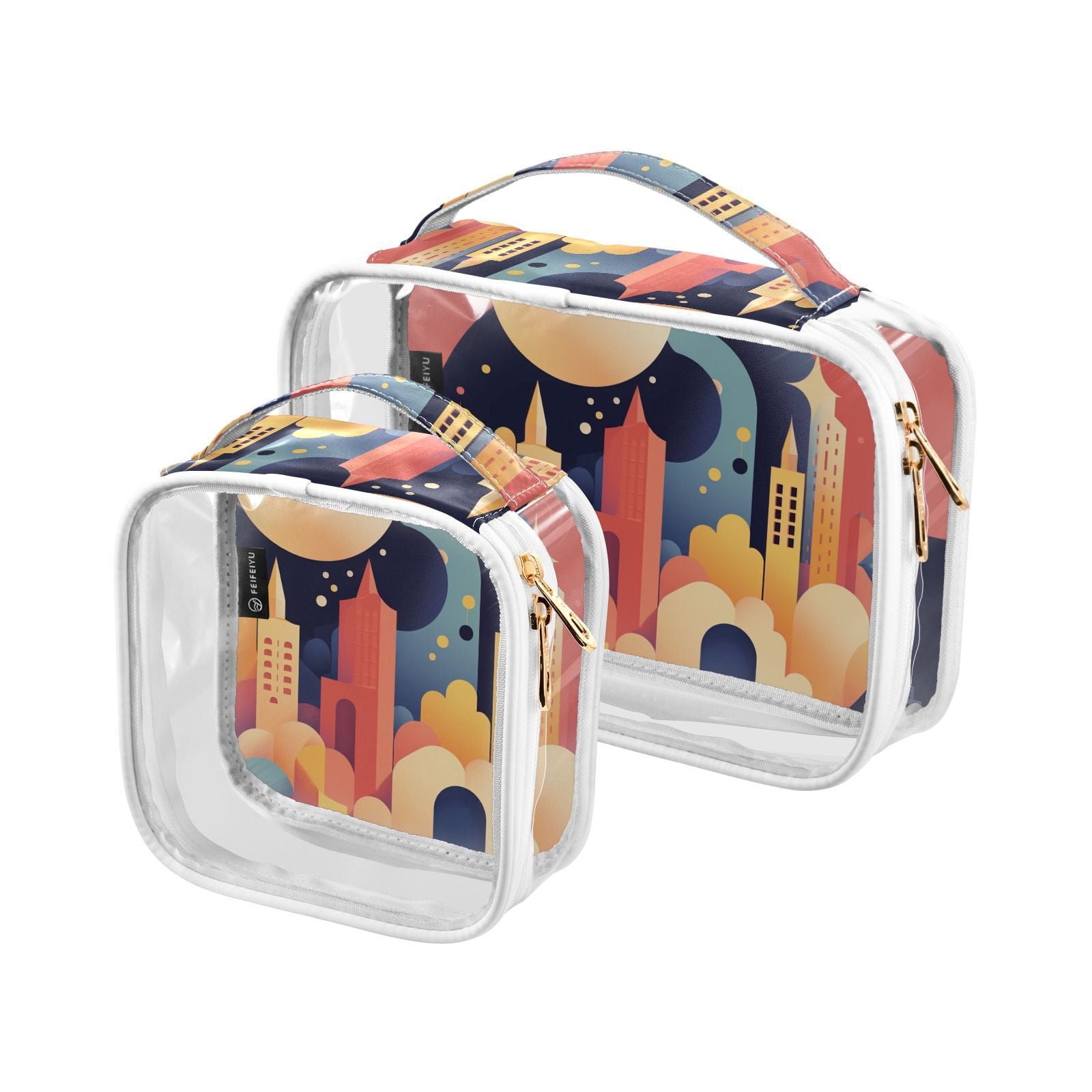 Clear Makeup Bags with Handle Large Opening 2 Pack Set Toiletry Bag Quart Size Bag, for Women Man Traveling Travel Essentials, Toiletries and Other. City Illustration