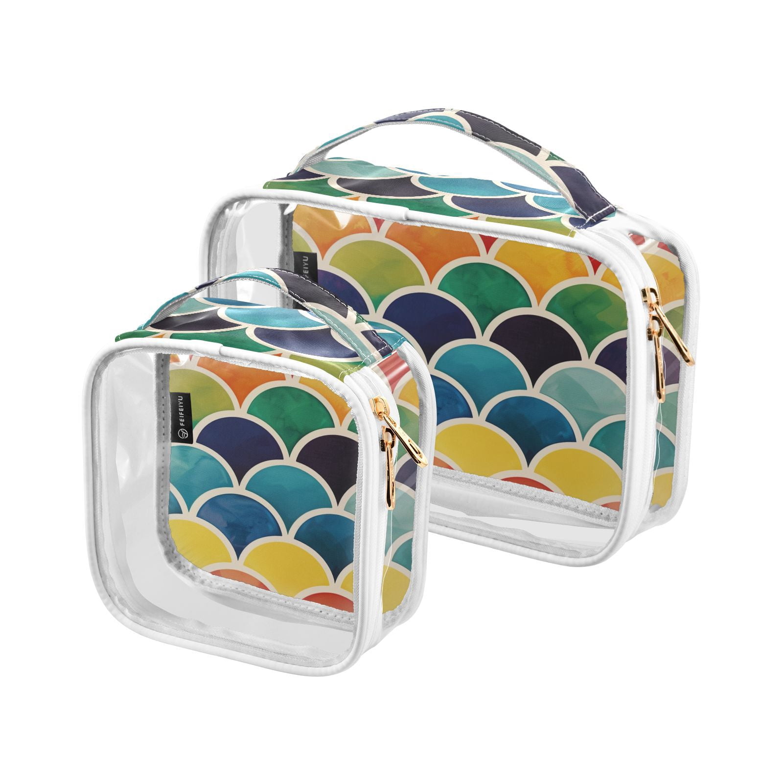 Clear Makeup Bags with Handle Large Opening 2 Pack Set Toiletry Bag Quart Size Bag, for Women Man Traveling Travel Essentials, Toiletries and Other. Color Vibrant Waves Dynamic