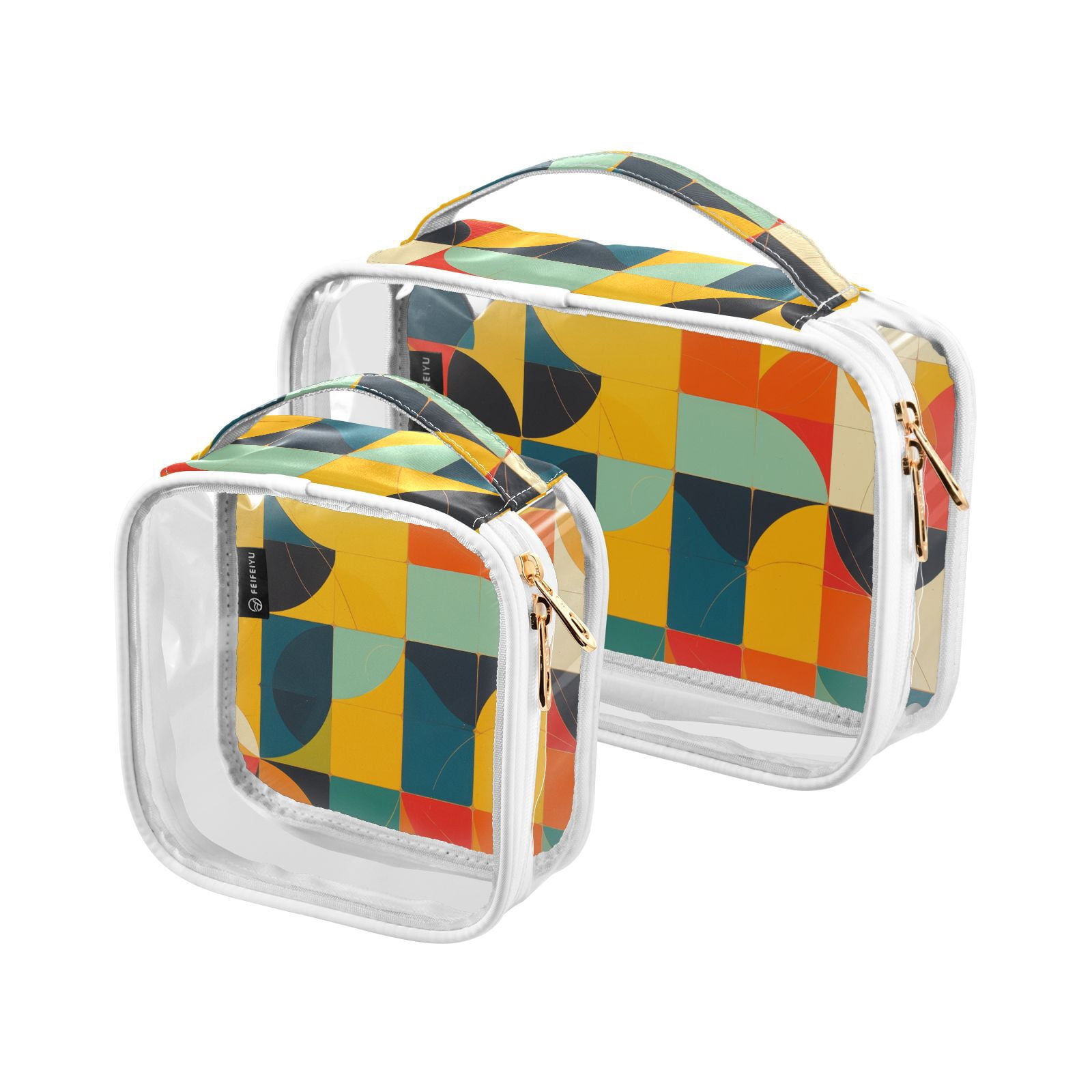 Clear Makeup Bags with Handle Large Opening 2 Pack Set Toiletry Bag Quart Size Bag, for Women Man Traveling Travel Essentials, Toiletries and Other. Colorful Abstract Vibrant Geometric Shape Curve