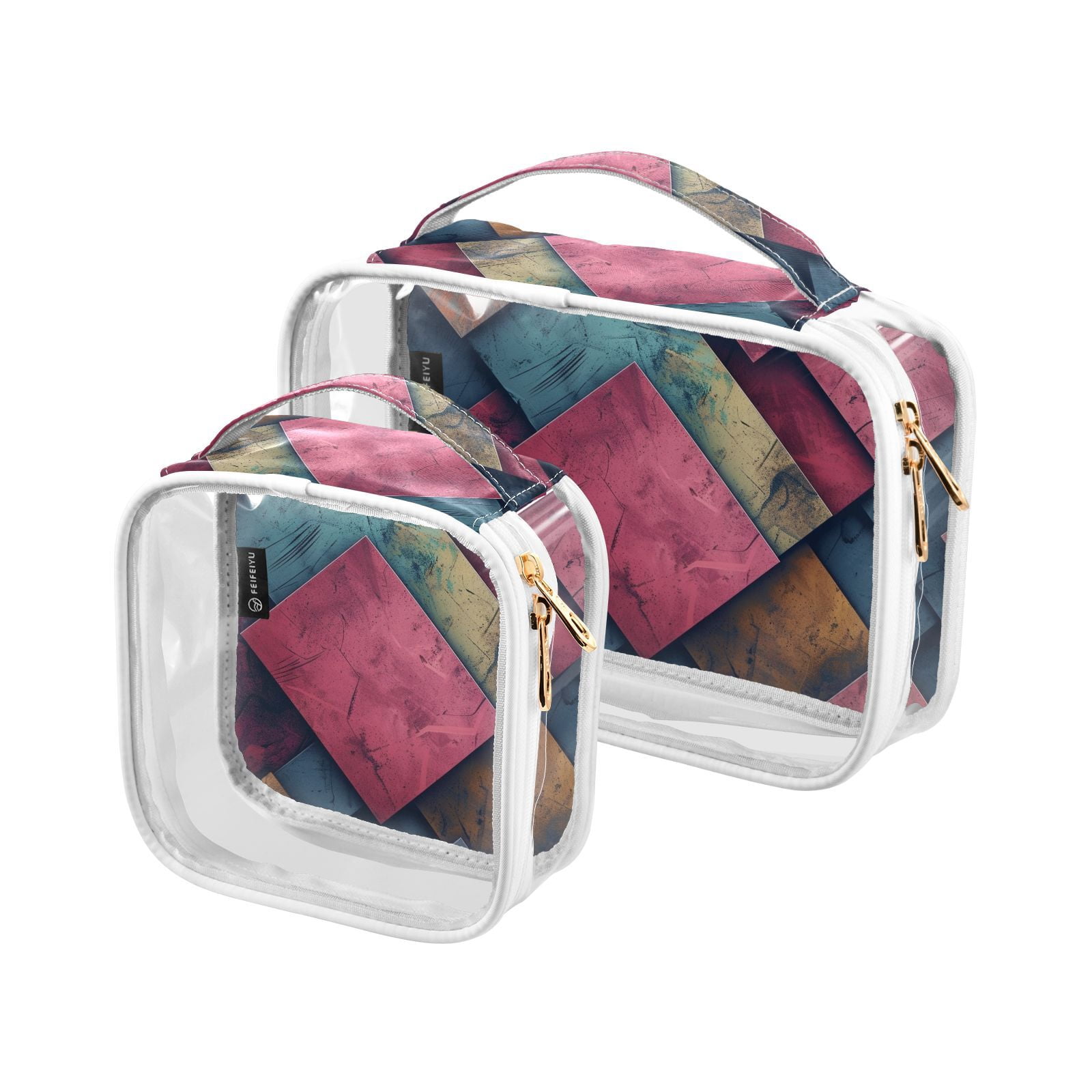 Clear Makeup Bags with Handle Large Opening 2 Pack Set Toiletry Bag Quart Size Bag, for Women Man Traveling Travel Essentials, Toiletries and Other. Colorful Grid