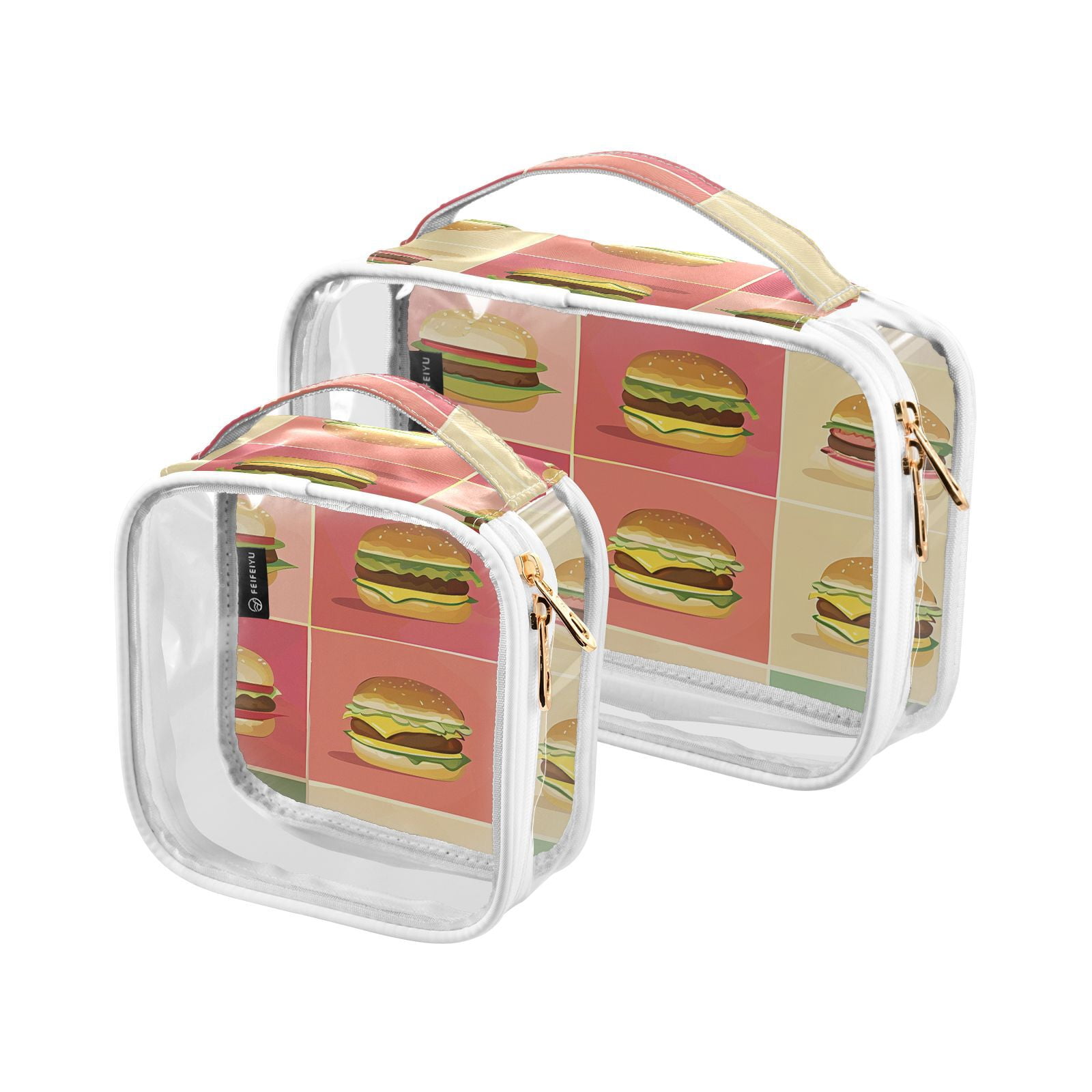 Clear Makeup Bags with Handle Large Opening 2 Pack Set Toiletry Bag Quart Size Bag, for Women Man Traveling Travel Essentials, Toiletries and Other. Colorful Hamburger