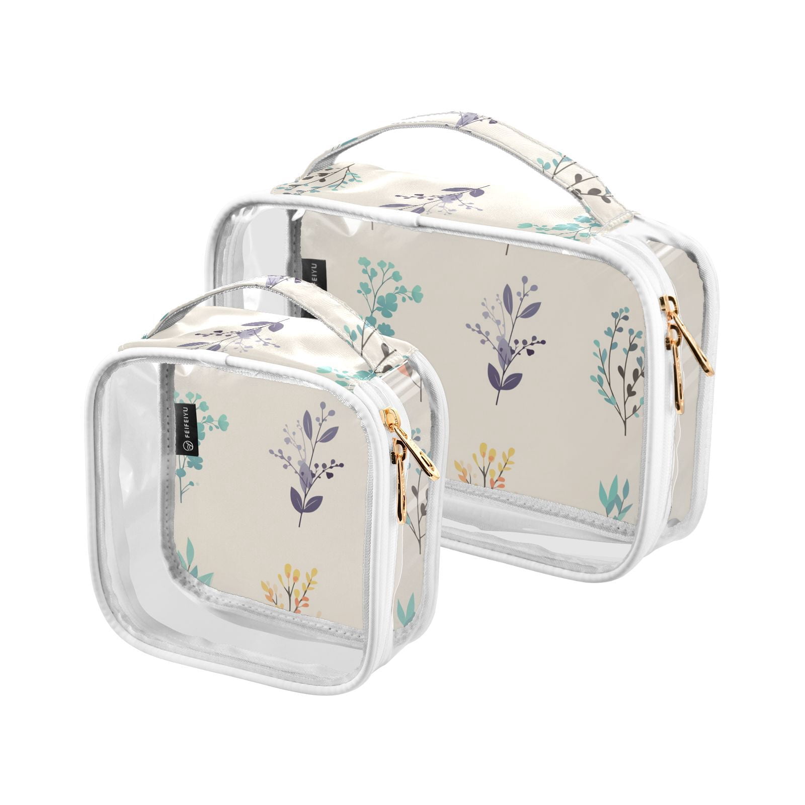 Clear Makeup Bags with Handle Large Opening 2 Pack Set Toiletry Bag Quart Size Bag, for Women Man Traveling Travel Essentials, Toiletries and Other. Colorful Leaf Vibrant Illustration
