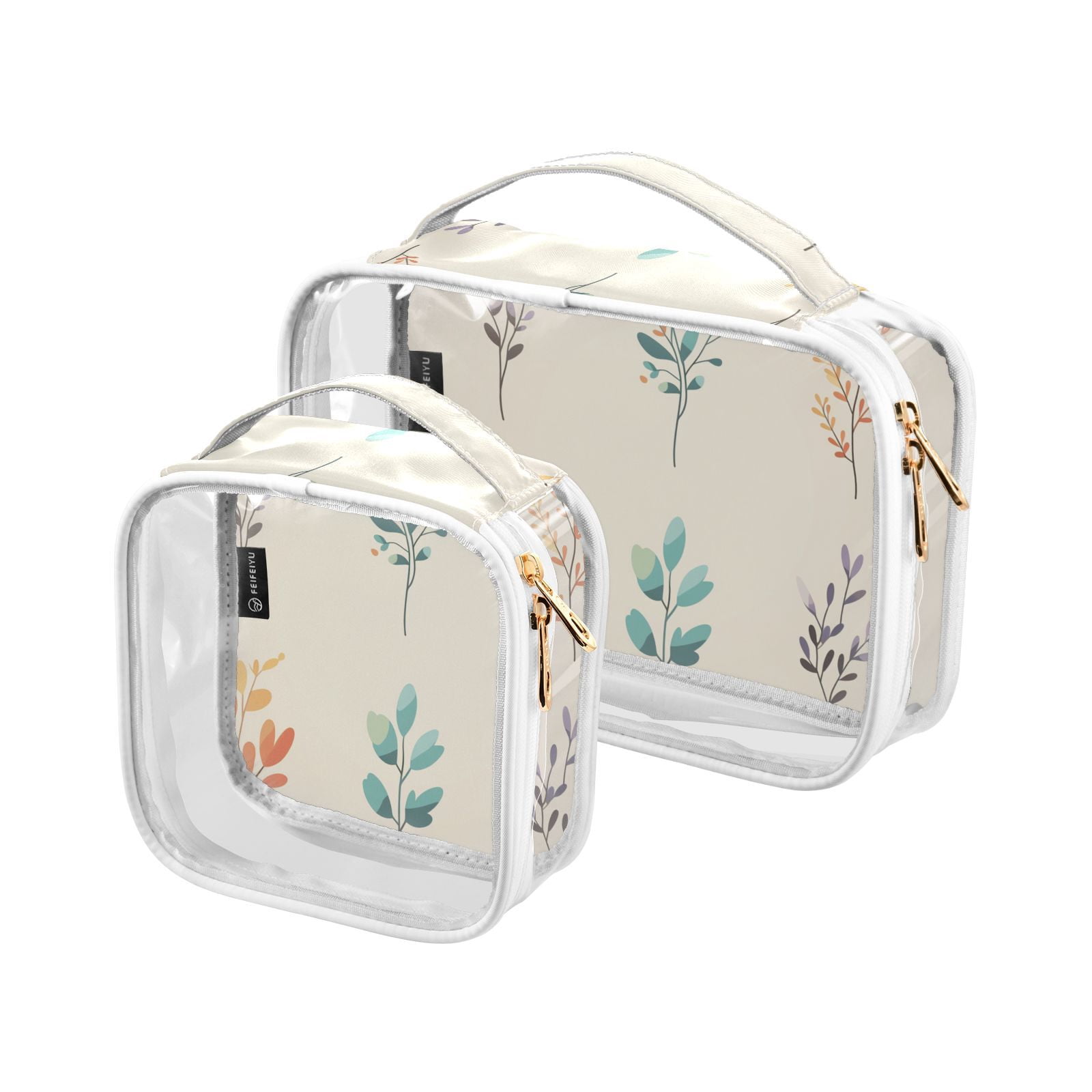 Clear Makeup Bags with Handle Large Opening 2 Pack Set Toiletry Bag Quart Size Bag, for Women Man Traveling Travel Essentials, Toiletries and Other. Colorful Leaves Vibrant Illustration