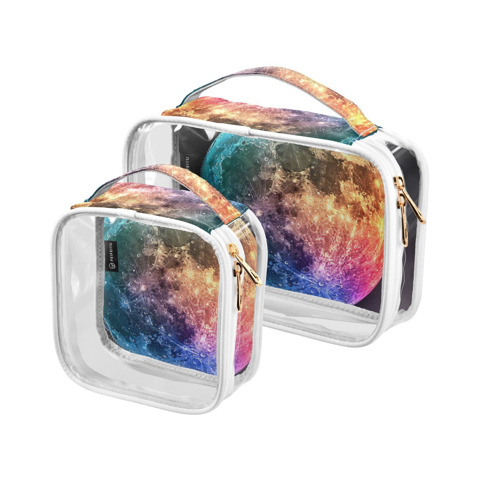 Clear Makeup Bags with Handle Large Opening 2 Pack Set Toiletry Bag Quart Size Bag, for Women Man Traveling Travel Essentials, Toiletries and Other. Colorful Moon
