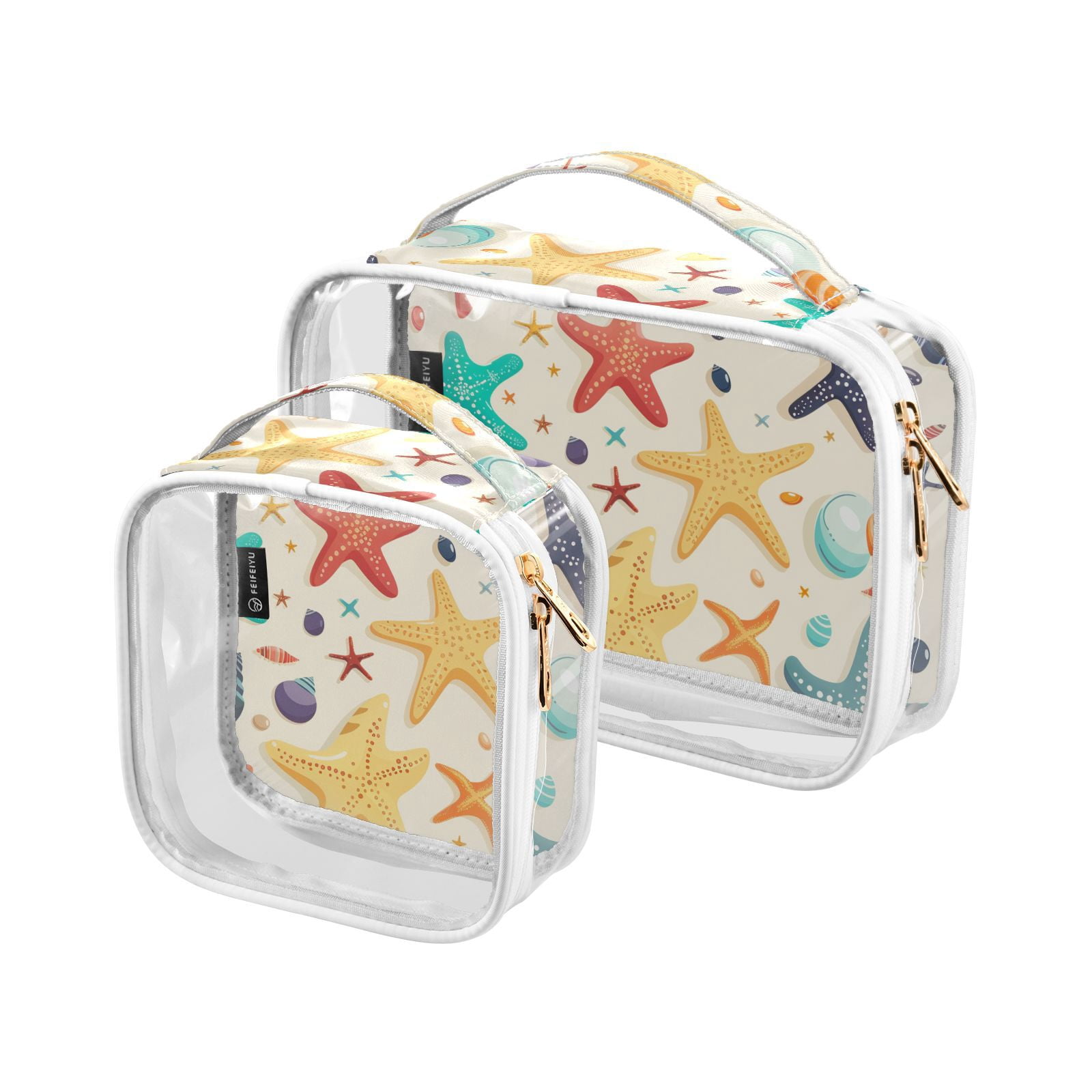 Clear Makeup Bags with Handle Large Opening 2 Pack Set Toiletry Bag Quart Size Bag, for Women Man Traveling Travel Essentials, Toiletries and Other. Colorful Starfish Shells