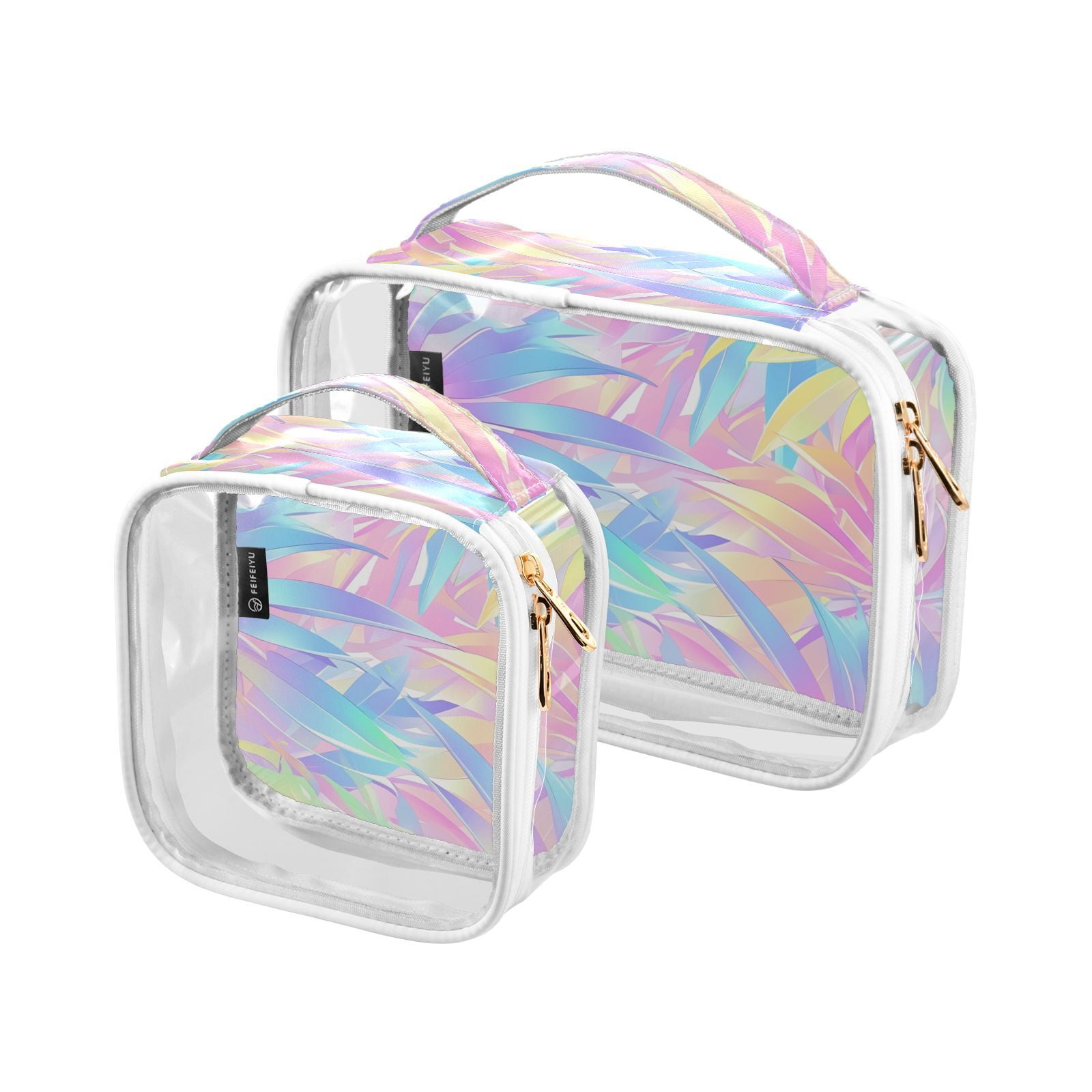 Clear Makeup Bags with Handle Large Opening 2 Pack Set Toiletry Bag Quart Size Bag, for Women Man Traveling Travel Essentials, Toiletries and Other. Colorful Tropical Plant