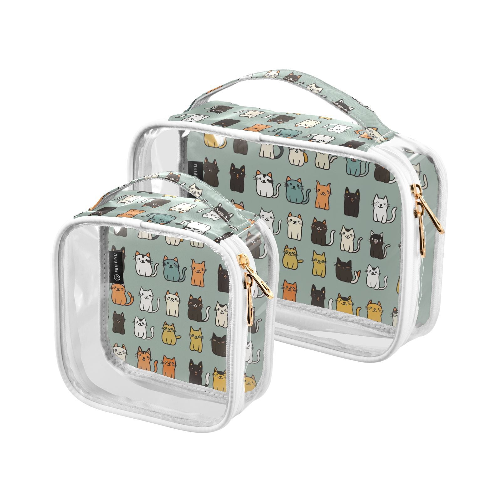 Clear Makeup Bags with Handle Large Opening 2 Pack Set Toiletry Bag Quart Size Bag, for Women Man Traveling Travel Essentials, Toiletries and Other. Cute Cat Doodle