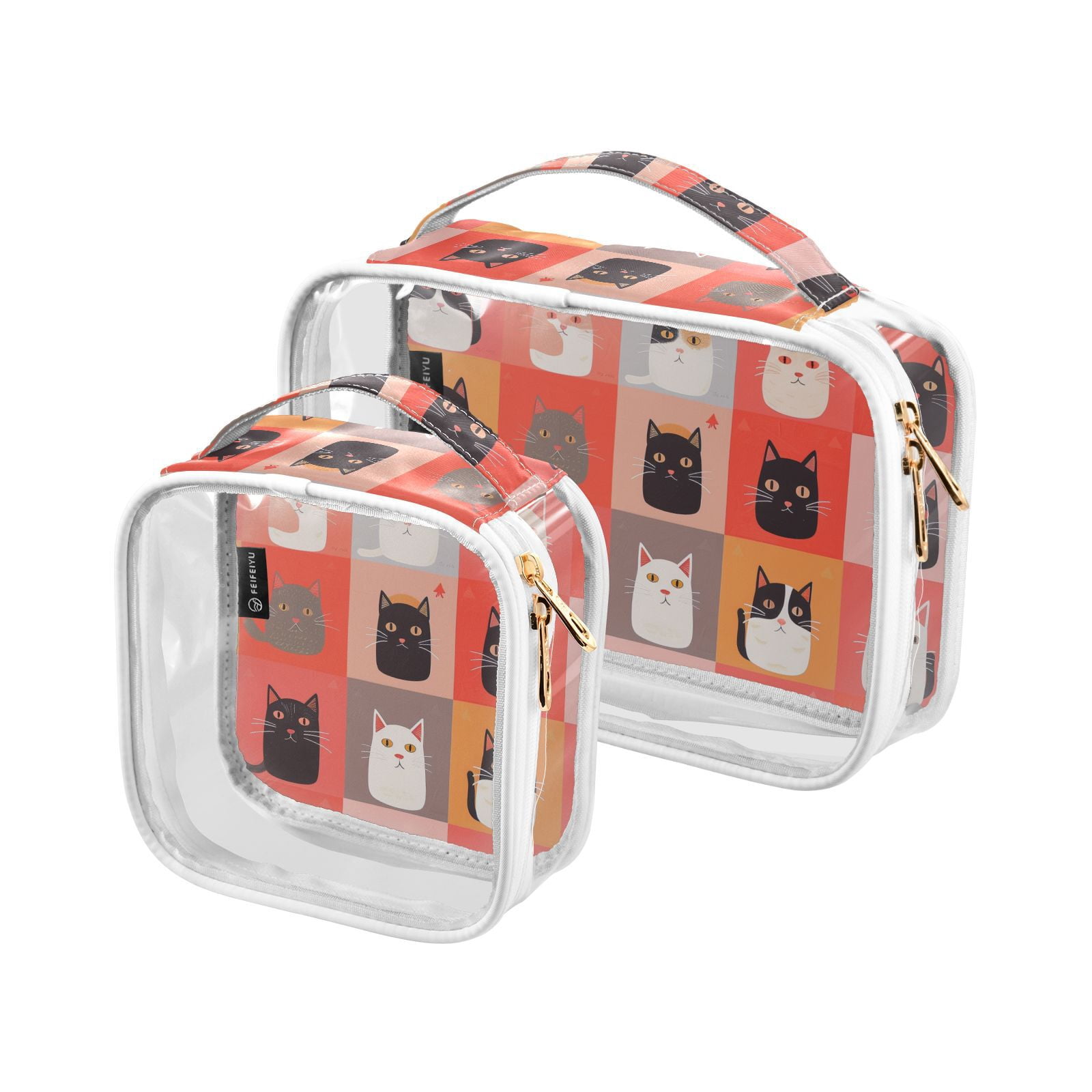 Clear Makeup Bags with Handle Large Opening 2 Pack Set Toiletry Bag Quart Size Bag, for Women Man Traveling Travel Essentials, Toiletries and Other. Cute Cat Meow