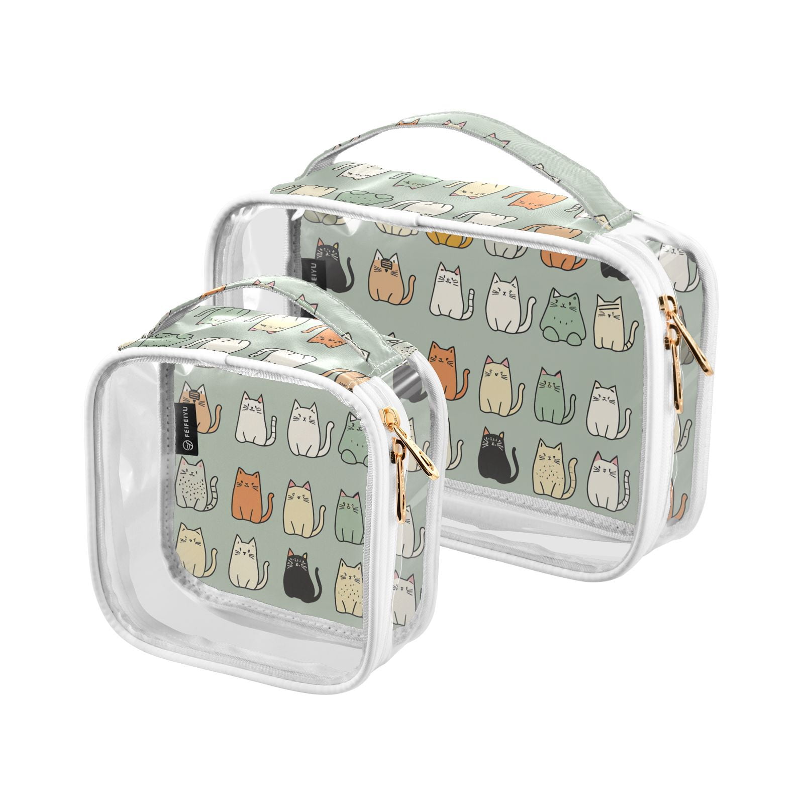 Clear Makeup Bags with Handle Large Opening 2 Pack Set Toiletry Bag Quart Size Bag, for Women Man Traveling Travel Essentials, Toiletries and Other. Cute Cat Sketch