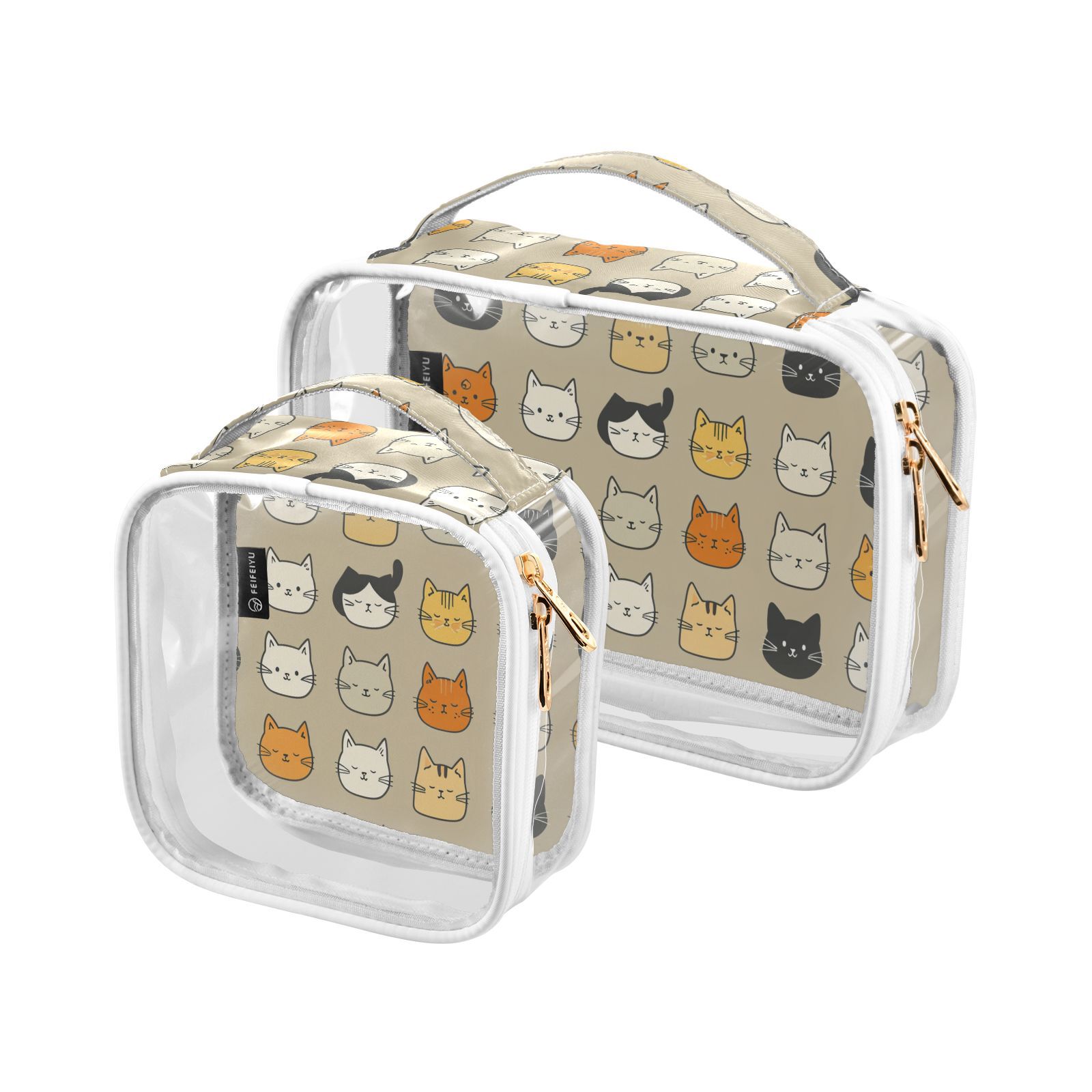 Clear Makeup Bags with Handle Large Opening 2 Pack Set Toiletry Bag Quart Size Bag, for Women Man Traveling Travel Essentials, Toiletries and Other. Cute Cats