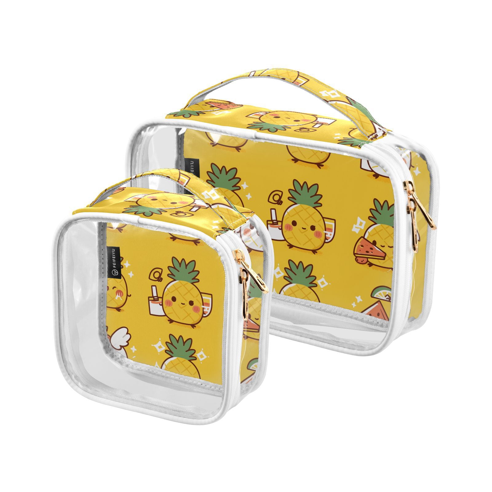 Clear Makeup Bags with Handle Large Opening 2 Pack Set Toiletry Bag Quart Size Bag, for Women Man Traveling Travel Essentials, Toiletries and Other. Cute Smiley Pineapple Watermelon
