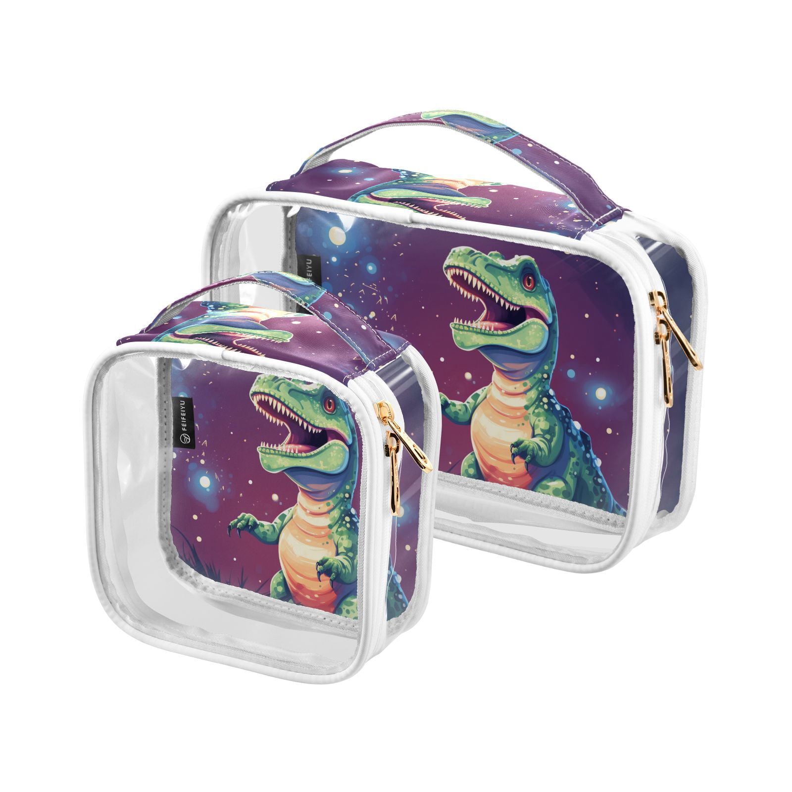 Clear Makeup Bags with Handle Large Opening 2 Pack Set Toiletry Bag Quart Size Bag, for Women Man Traveling Travel Essentials, Toiletries and Other. Dinosaur Cute