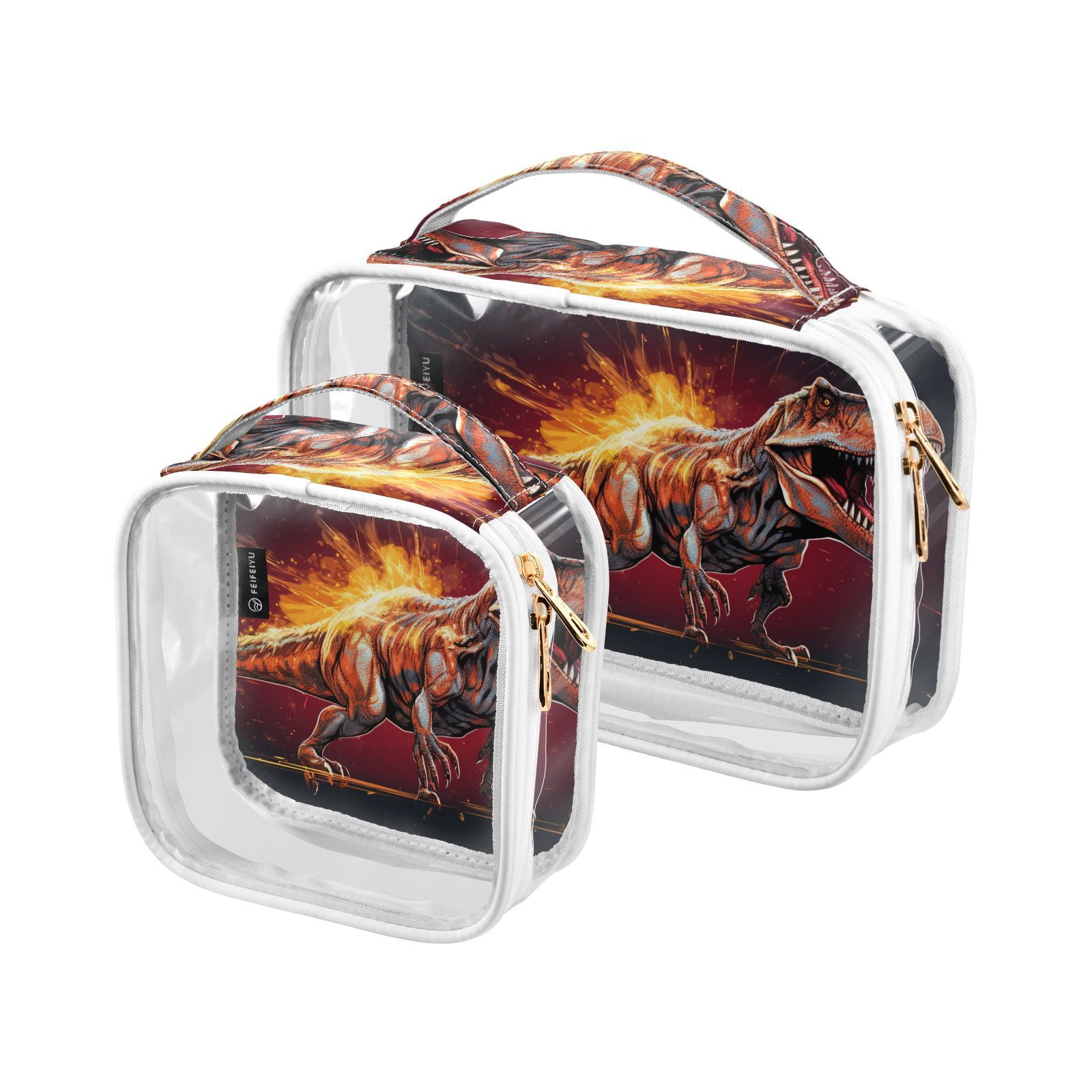 Clear Makeup Bags with Handle Large Opening 2 Pack Set Toiletry Bag Quart Size Bag, for Women Man Traveling Travel Essentials, Toiletries and Other. Dinosaur Fire