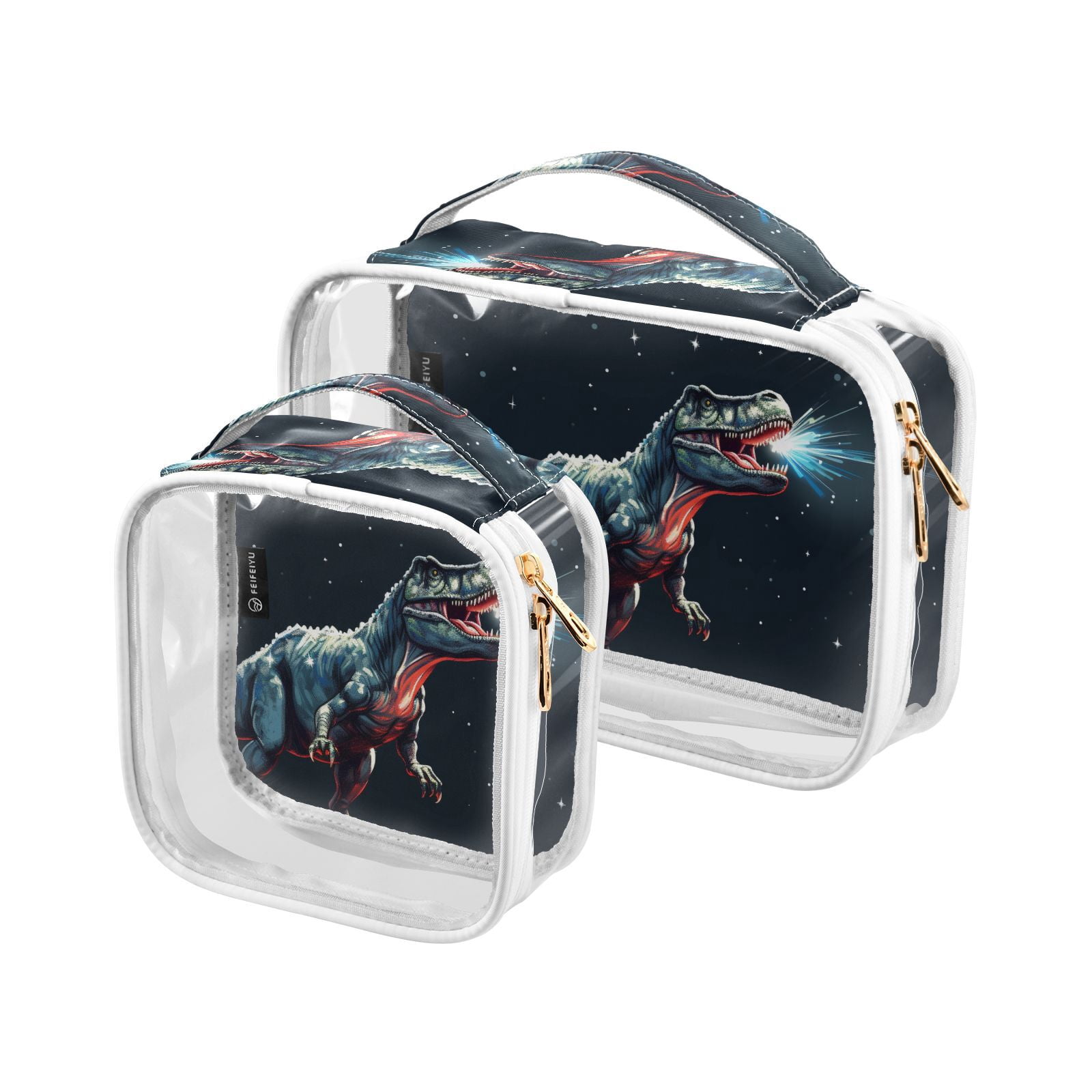 Clear Makeup Bags with Handle Large Opening 2 Pack Set Toiletry Bag Quart Size Bag, for Women Man Traveling Travel Essentials, Toiletries and Other. Dinosaur
