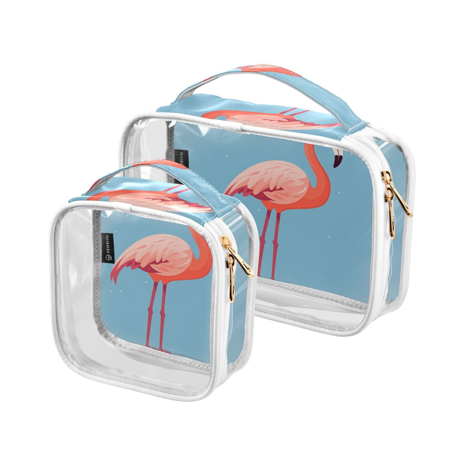 Clear Makeup Bags with Handle Large Opening 2 Pack Set Toiletry Bag Quart Size Bag, for Women Man Traveling Travel Essentials, Toiletries and Other. Flamingo Standing