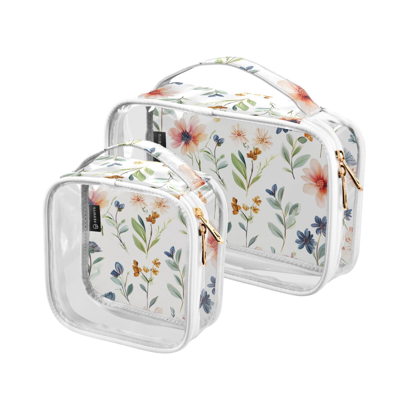 Clear Makeup Bags with Handle Large Opening 2 Pack Set Toiletry Bag Quart Size Bag, for Women Man Traveling Travel Essentials, Toiletries and Other. Flower Plants