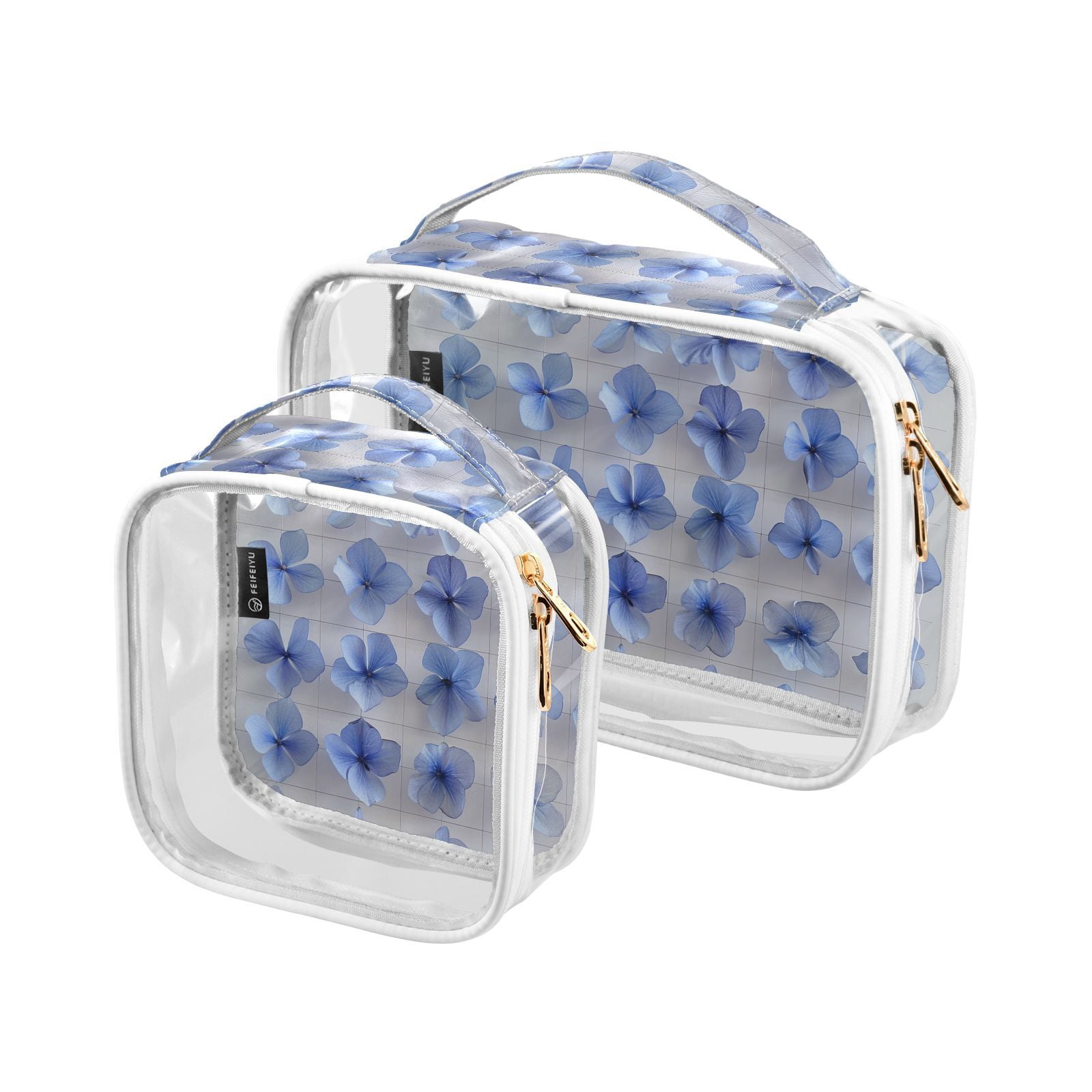 Clear Makeup Bags with Handle Large Opening 2 Pack Set Toiletry Bag Quart Size Bag, for Women Man Traveling Travel Essentials, Toiletries and Other. Flowers Cobalt Blue