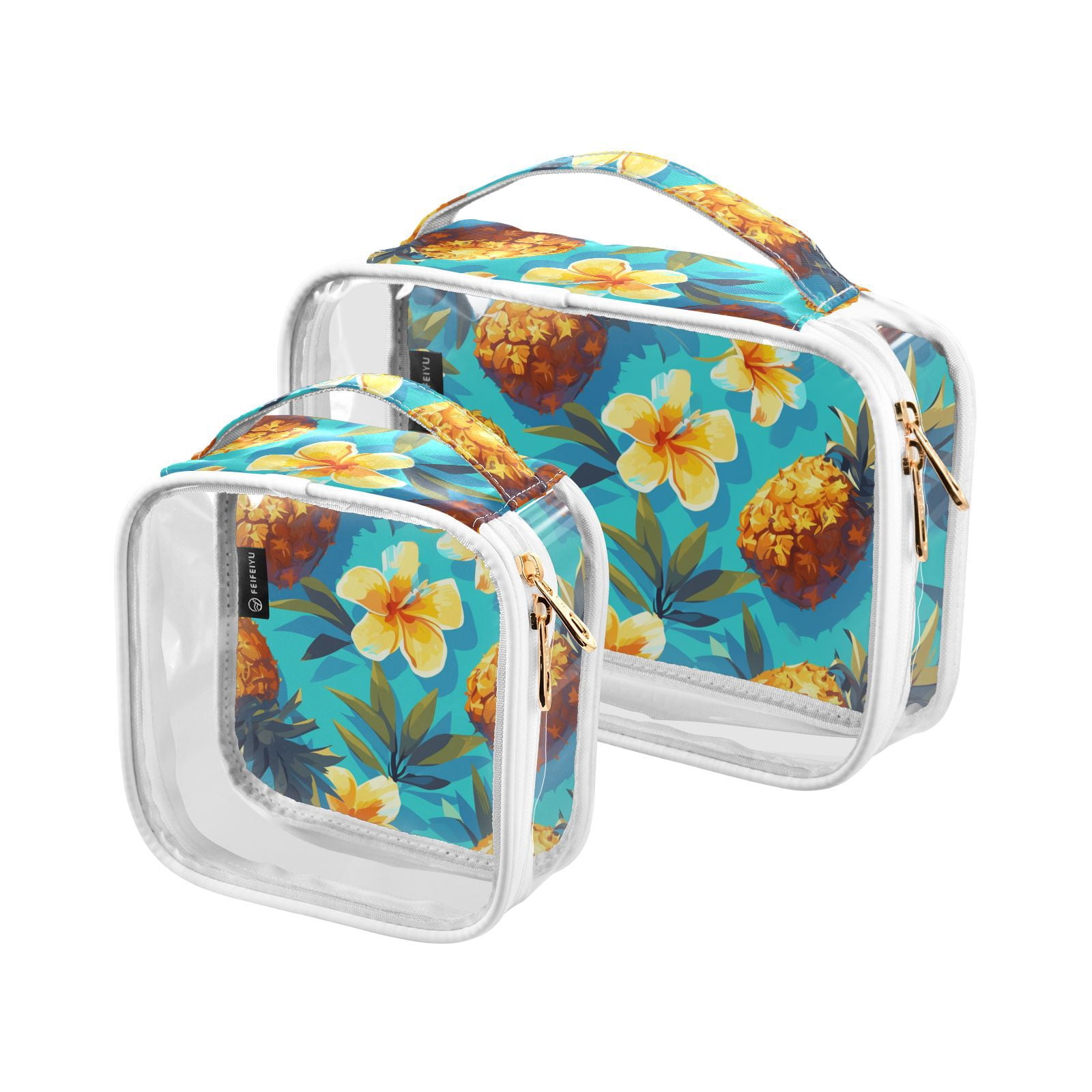 Clear Makeup Bags with Handle Large Opening 2 Pack Set Toiletry Bag Quart Size Bag, for Women Man Traveling Travel Essentials, Toiletries and Other. Flowers Pineapple Summer