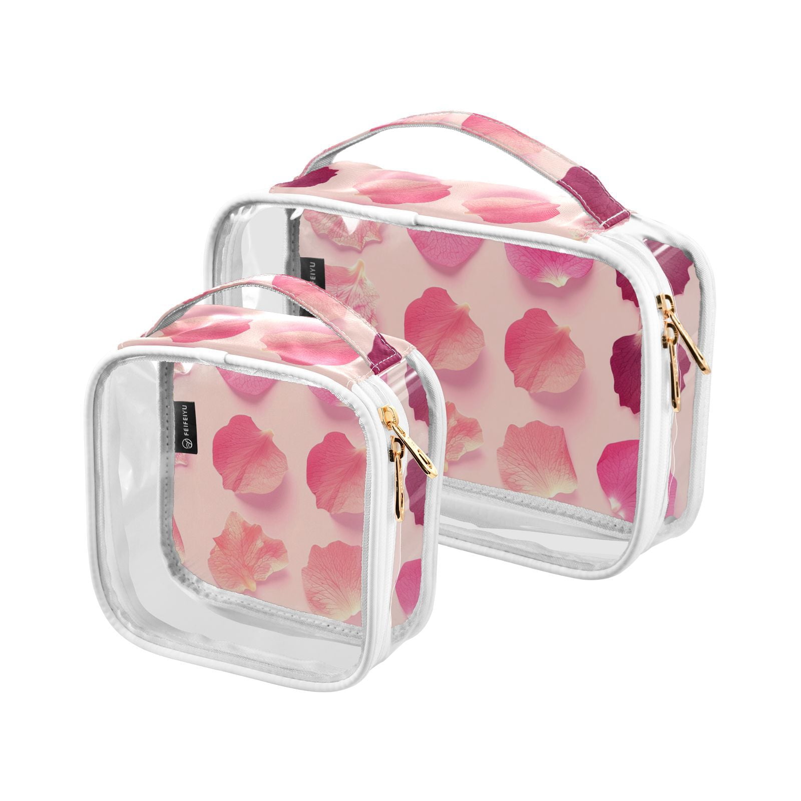 Clear Makeup Bags with Handle Large Opening 2 Pack Set Toiletry Bag Quart Size Bag, for Women Man Traveling Travel Essentials, Toiletries and Other. Flowers Pink Bloom Pattern
