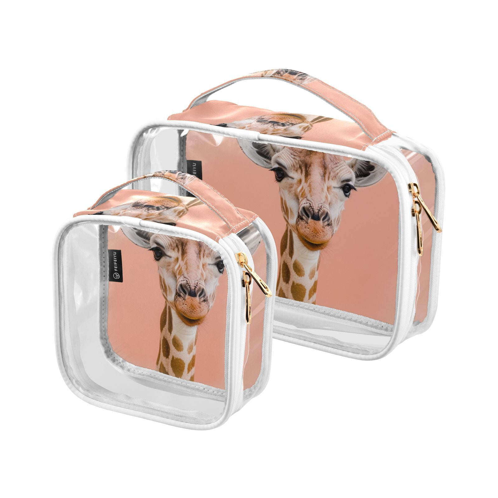 Clear Makeup Bags with Handle Large Opening 2 Pack Set Toiletry Bag Quart Size Bag, for Women Man Traveling Travel Essentials, Toiletries and Other. Giraffe Pink