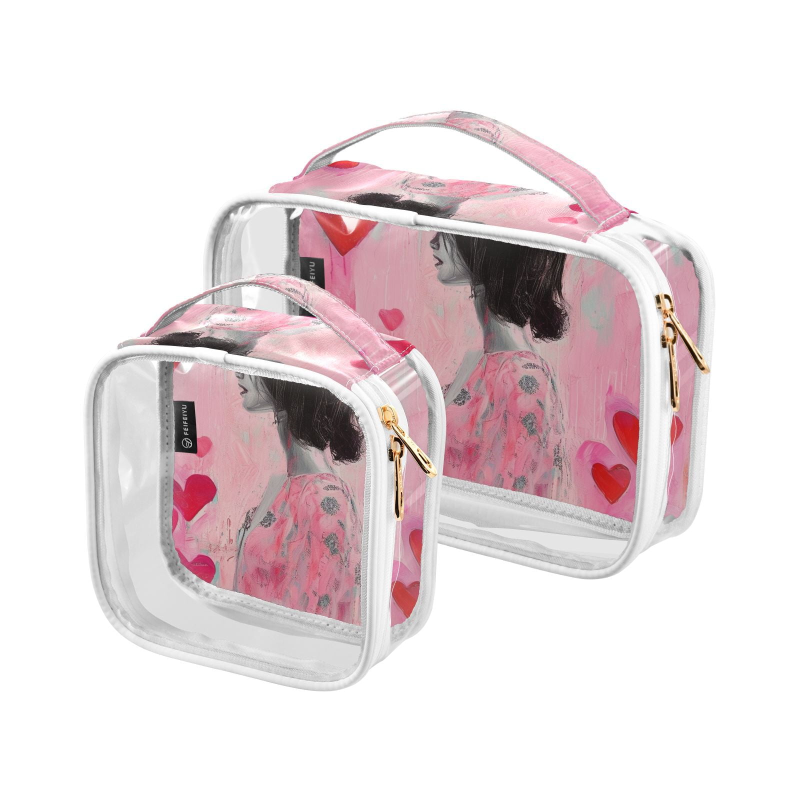Clear Makeup Bags with Handle Large Opening 2 Pack Set Toiletry Bag Quart Size Bag, for Women Man Traveling Travel Essentials, Toiletries and Other. Girl Heart