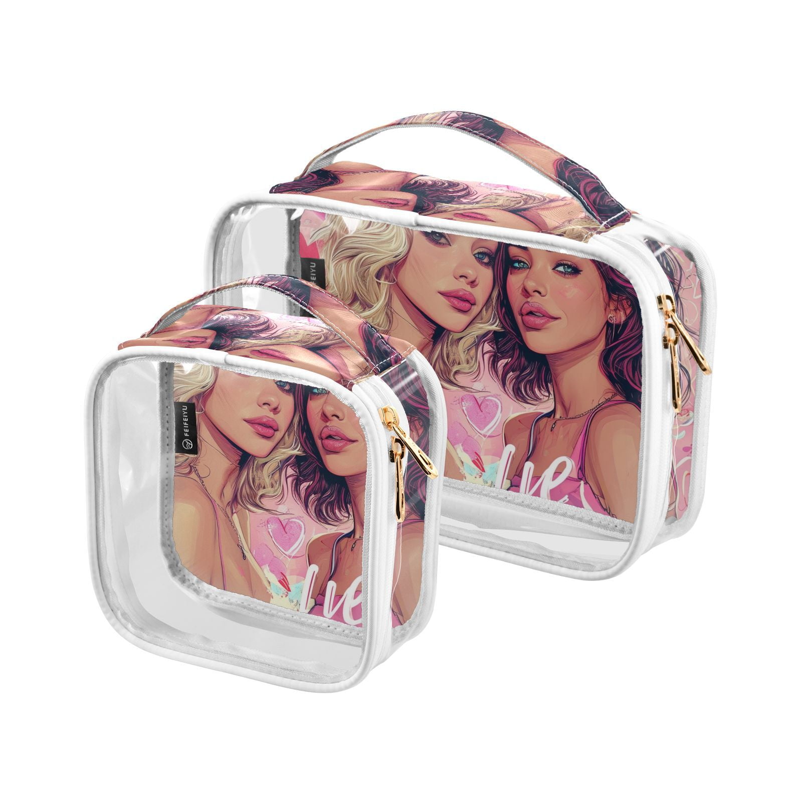 Clear Makeup Bags with Handle Large Opening 2 Pack Set Toiletry Bag Quart Size Bag, for Women Man Traveling Travel Essentials, Toiletries and Other. Girl Love