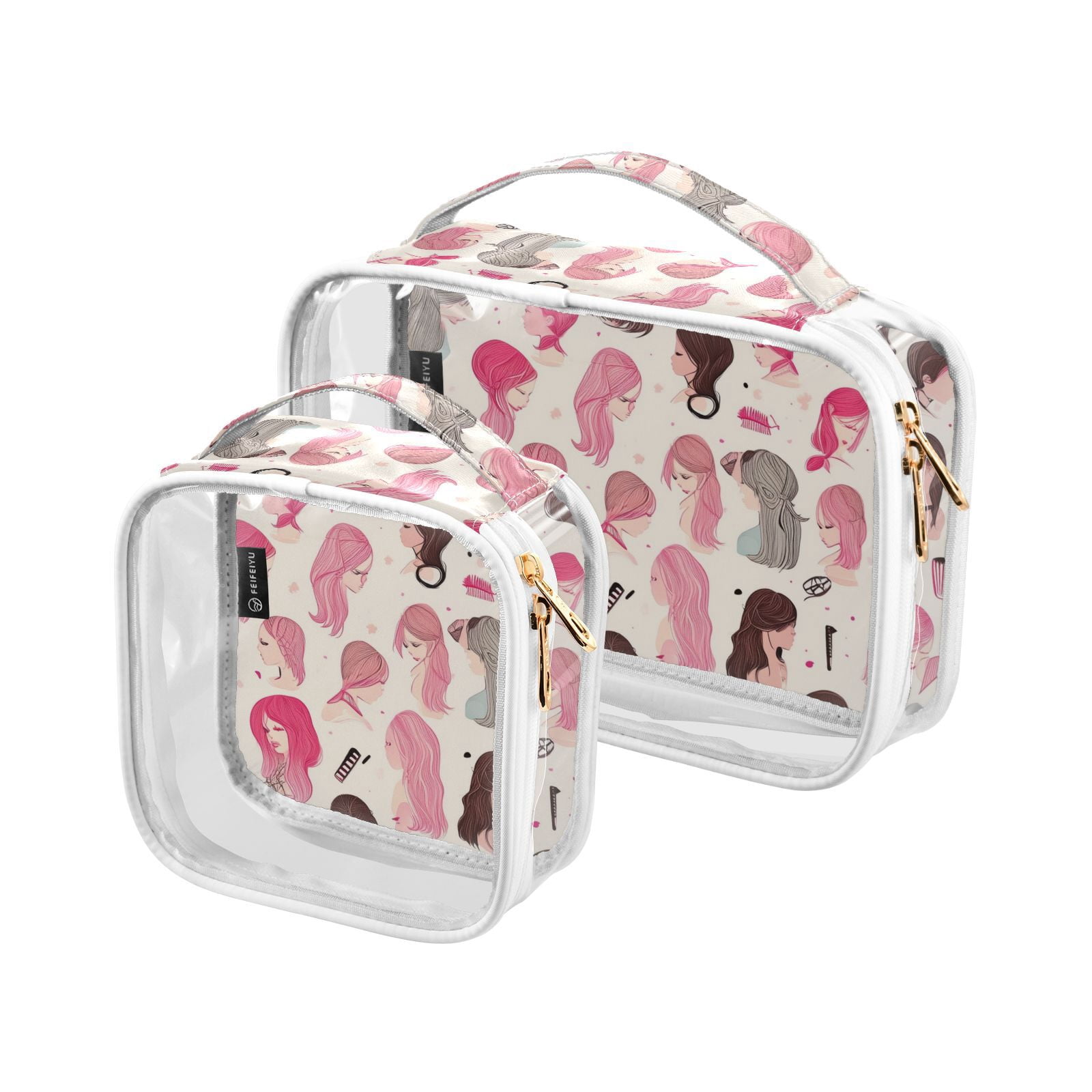 Clear Makeup Bags with Handle Large Opening 2 Pack Set Toiletry Bag Quart Size Bag, for Women Man Traveling Travel Essentials, Toiletries and Other. Girl Salon Pink