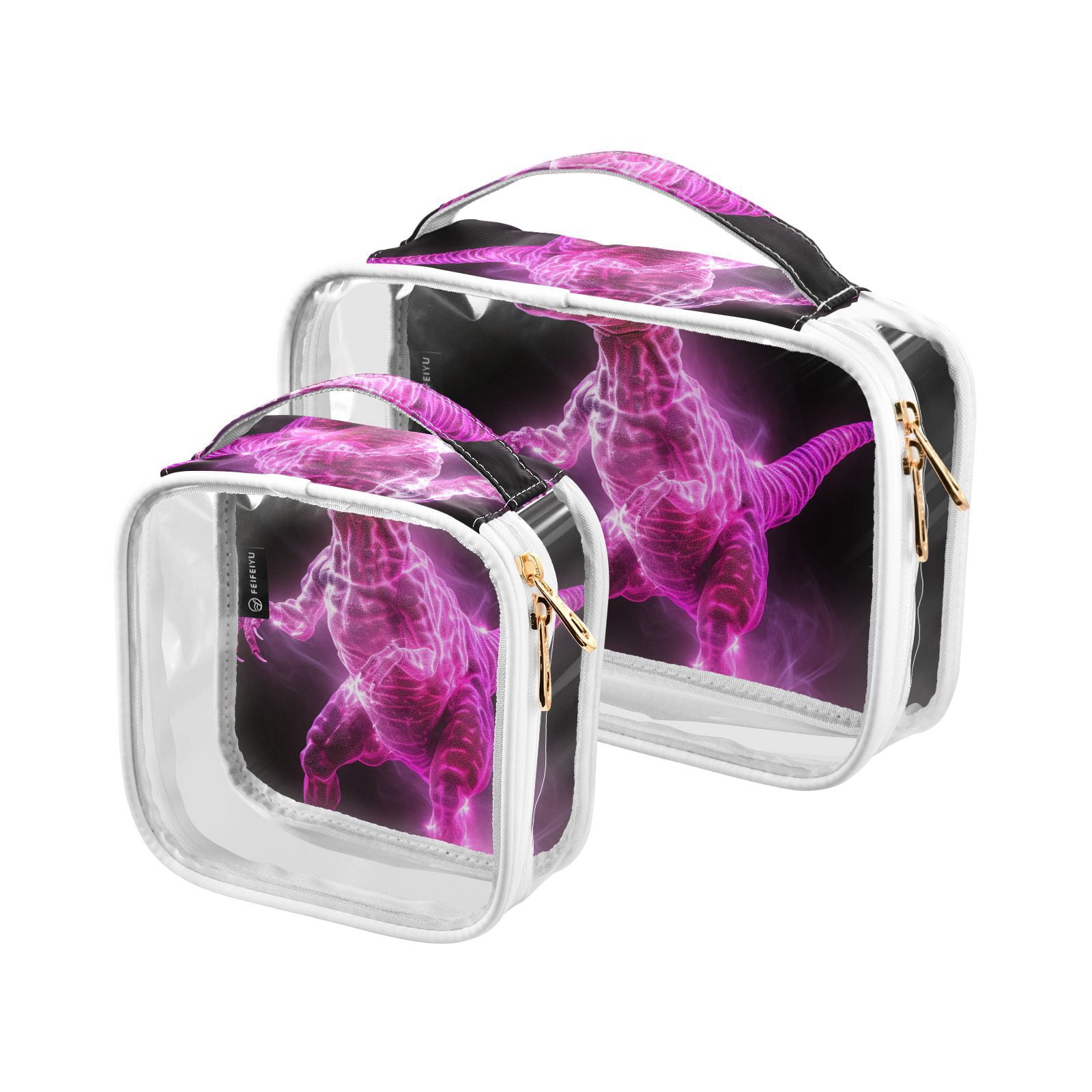Clear Makeup Bags with Handle Large Opening 2 Pack Set Toiletry Bag Quart Size Bag, for Women Man Traveling Travel Essentials, Toiletries and Other. Glowing Dinosaur