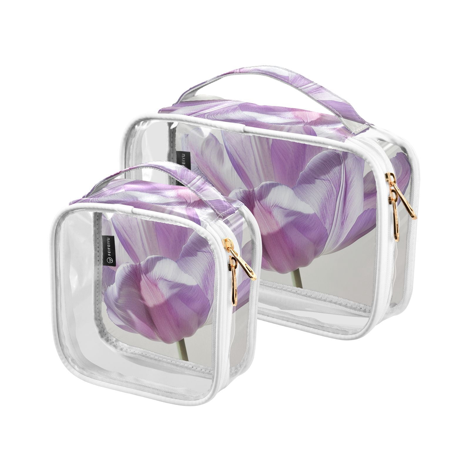 Clear Makeup Bags with Handle Large Opening 2 Pack Set Toiletry Bag Quart Size Bag, for Women Man Traveling Travel Essentials, Toiletries and Other. Gorgeous Flower Purple