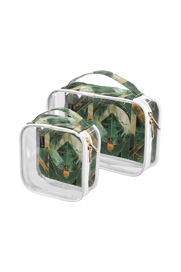 Clear Makeup Bags with Handle Large Opening 2 Pack Set Toiletry Bag Quart Size Bag, for Women Man Traveling Travel Essentials, Toiletries and Other. Green Gold Marble Modern Luxury