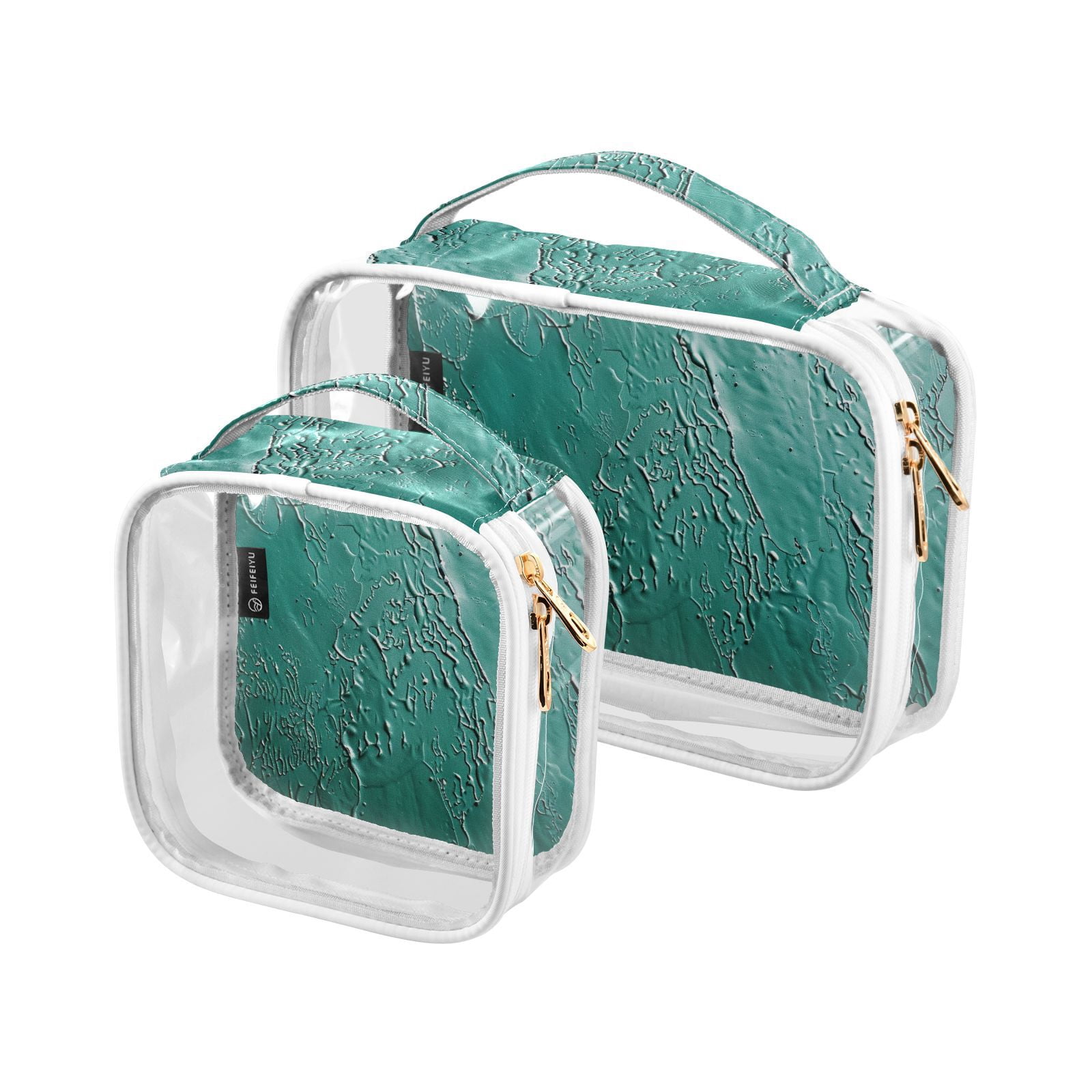 Clear Makeup Bags with Handle Large Opening 2 Pack Set Toiletry Bag Quart Size Bag, for Women Man Traveling Travel Essentials, Toiletries and Other. Green Pattern