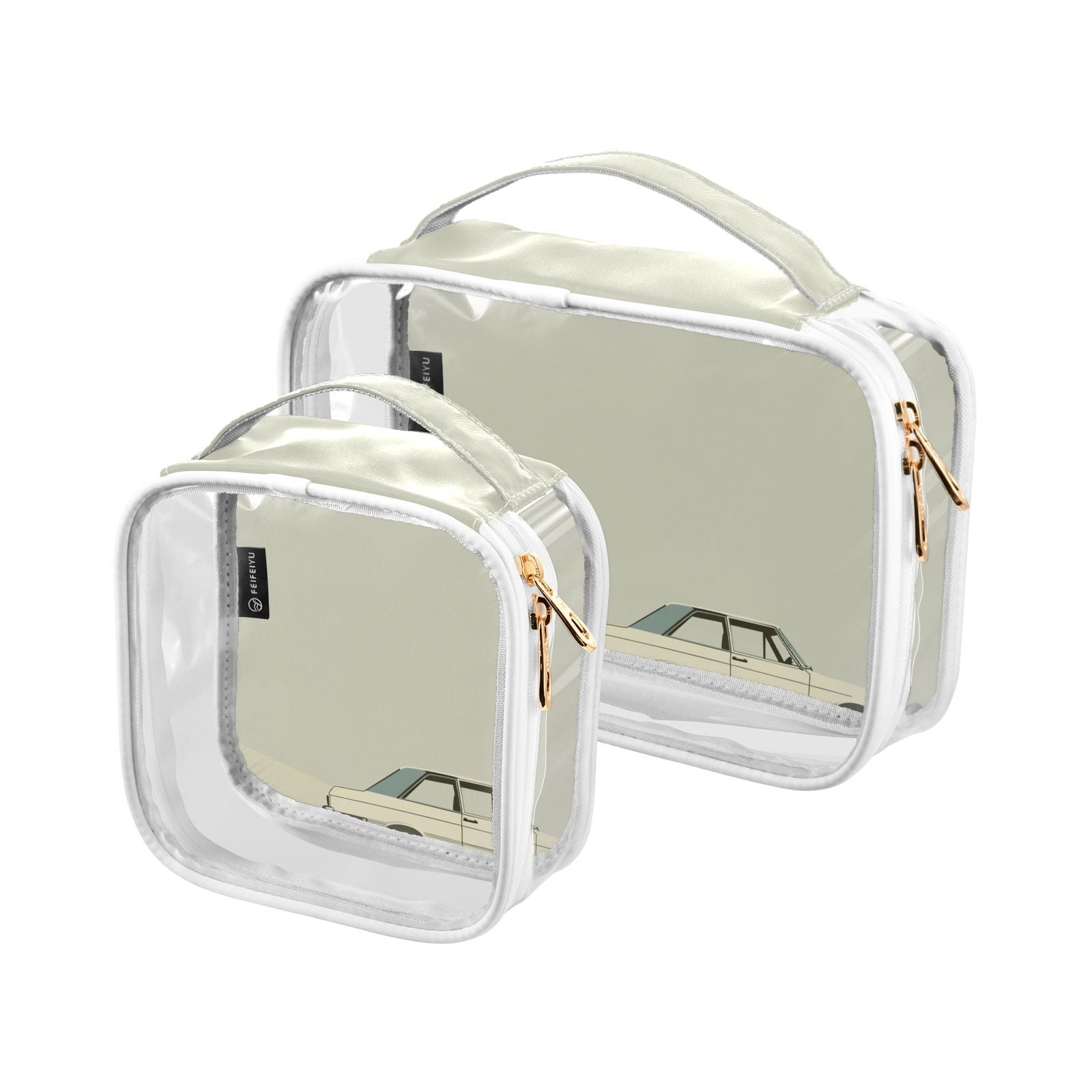 Clear Makeup Bags with Handle Large Opening 2 Pack Set Toiletry Bag Quart Size Bag, for Women Man Traveling Travel Essentials, Toiletries and Other. Hand Drawing Car Spring Grass