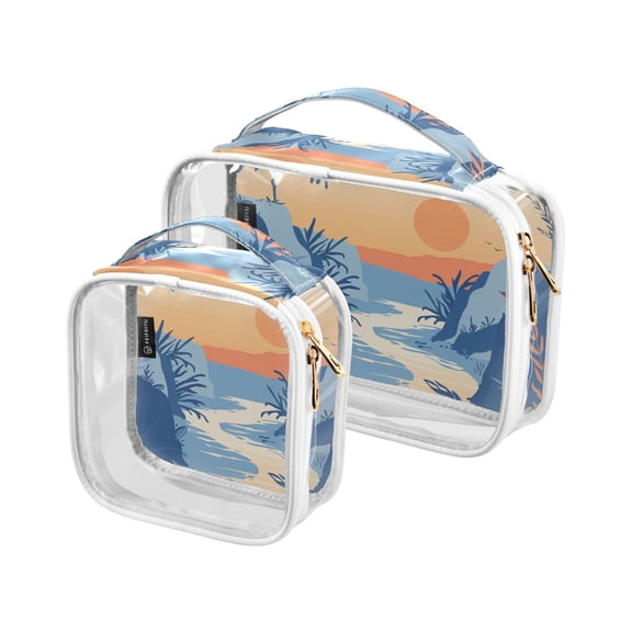 Clear Makeup Bags with Handle Large Opening 2 Pack Set Toiletry Bag Quart Size Bag, for Women Man Traveling Travel Essentials, Toiletries and Other. Hand Drawing River