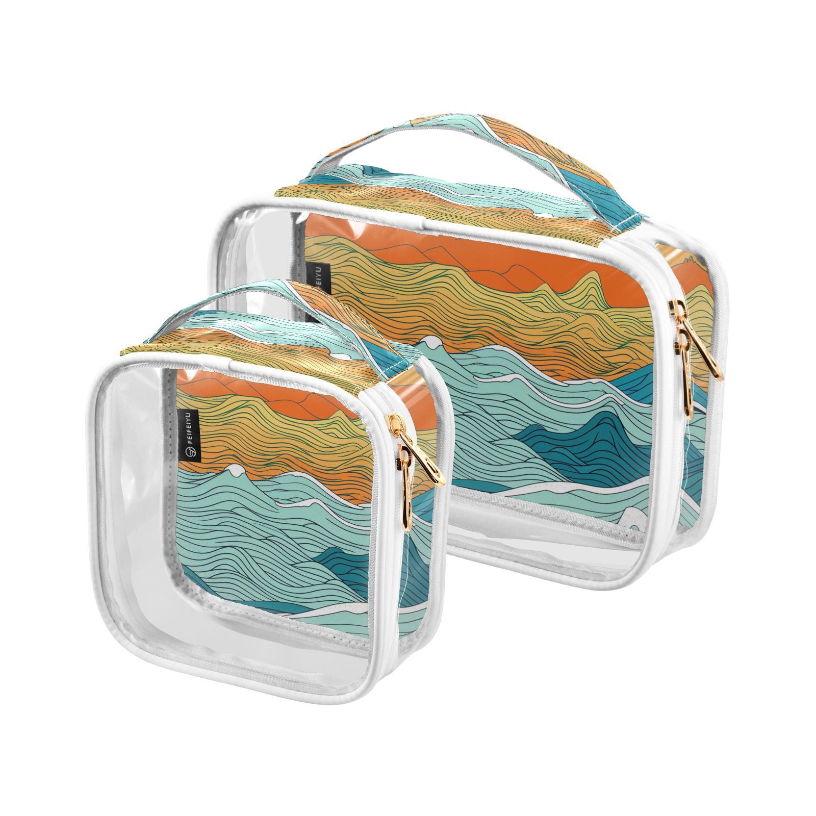 Clear Makeup Bags with Handle Large Opening 2 Pack Set Toiletry Bag Quart Size Bag, for Women Man Traveling Travel Essentials, Toiletries and Other. Hand Drawing Wave Sea