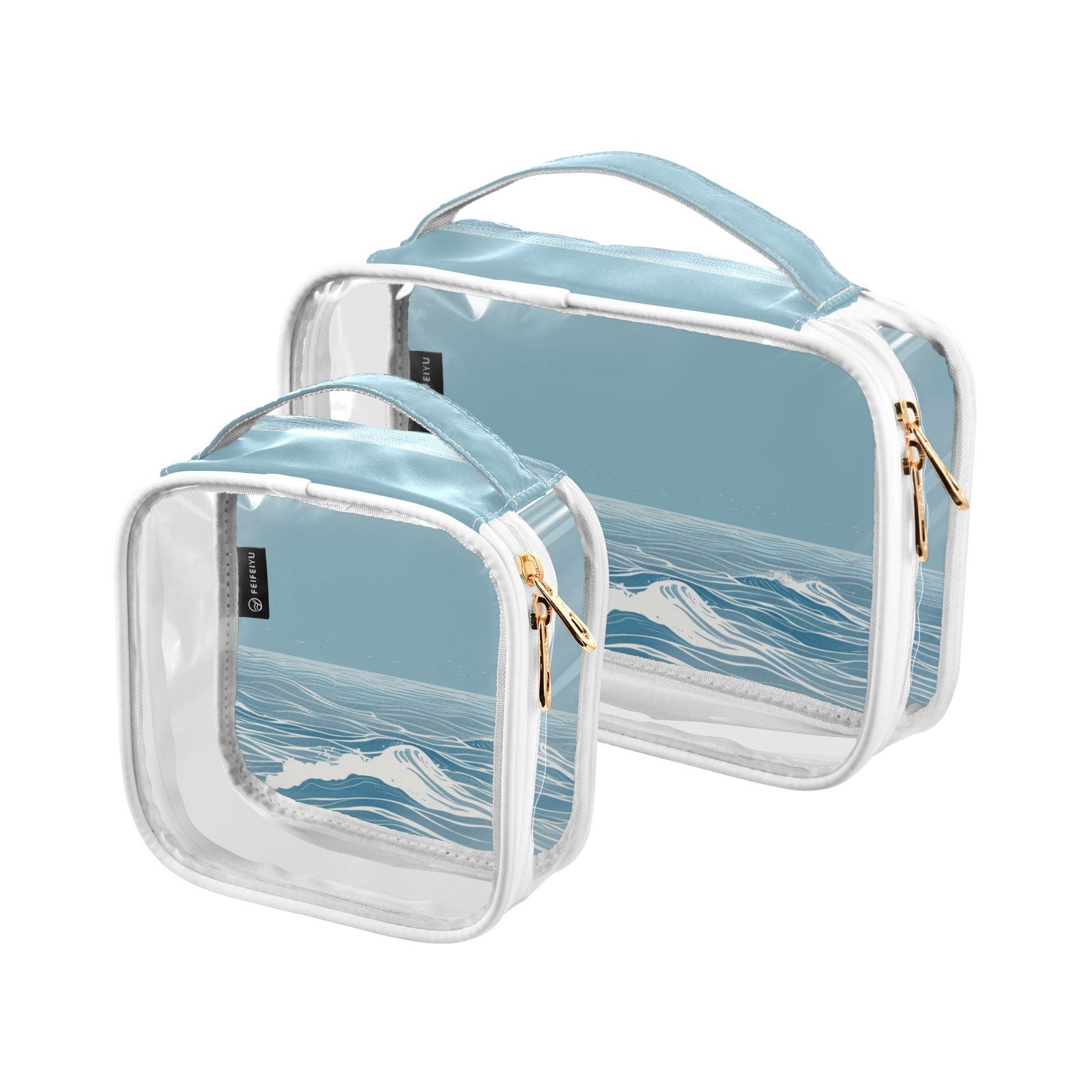 Clear Makeup Bags with Handle Large Opening 2 Pack Set Toiletry Bag Quart Size Bag, for Women Man Traveling Travel Essentials, Toiletries and Other. Hand Drawing Wave Sea